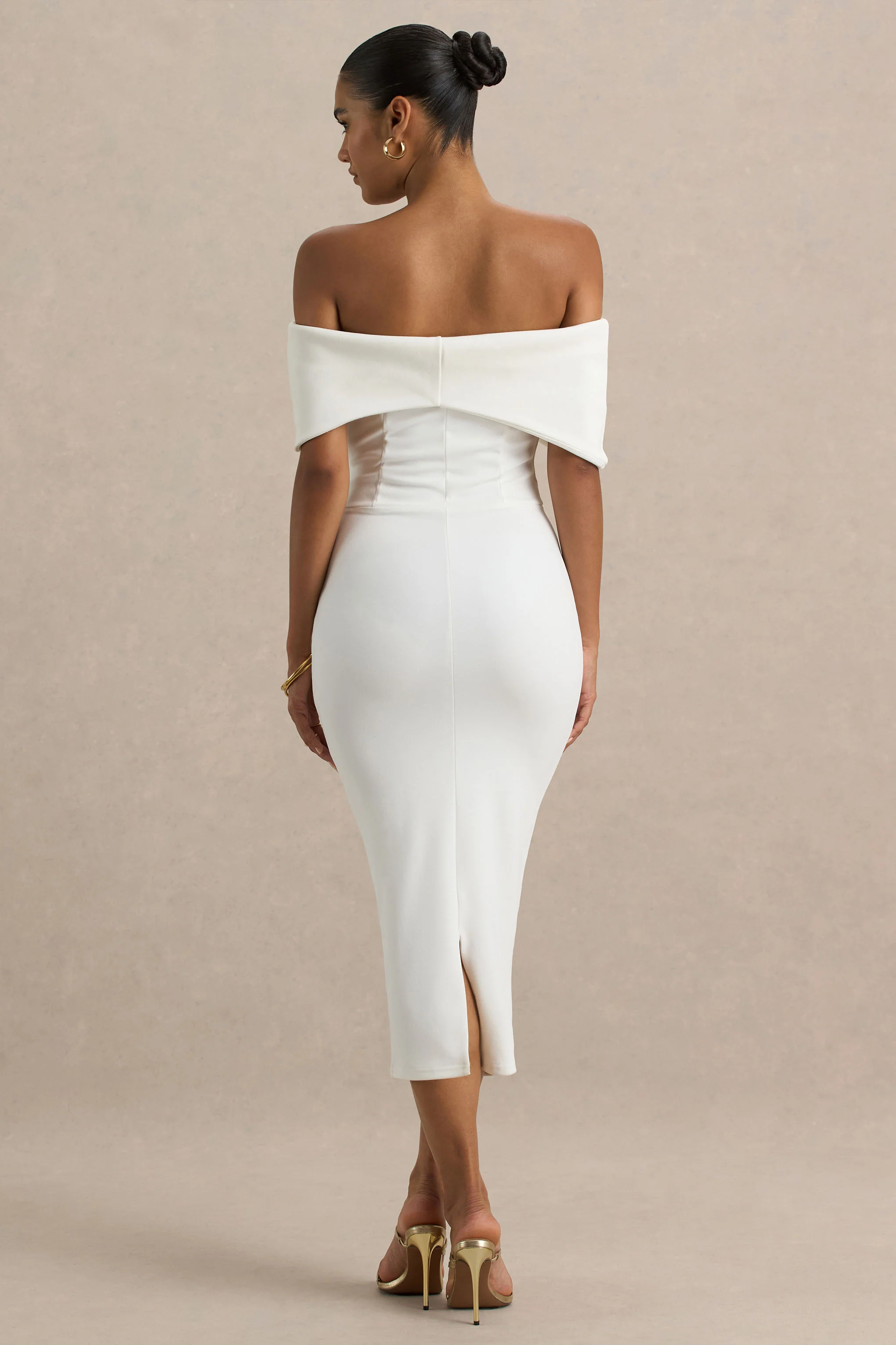 Bayshore | White Bow Bardot Midi Dress