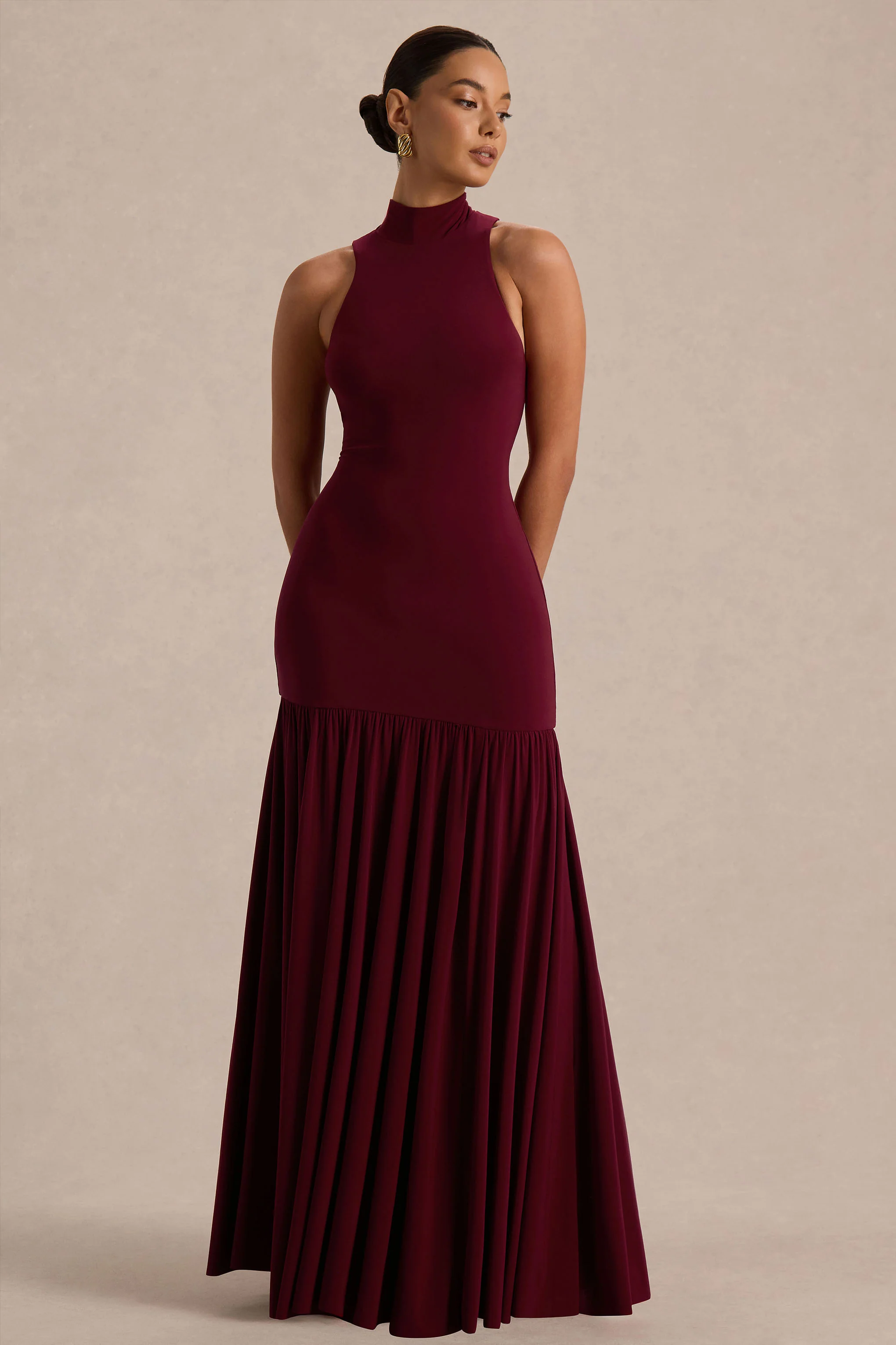 Tasmin | Burgundy High-Neck Maxi Dress With Drop-Waist