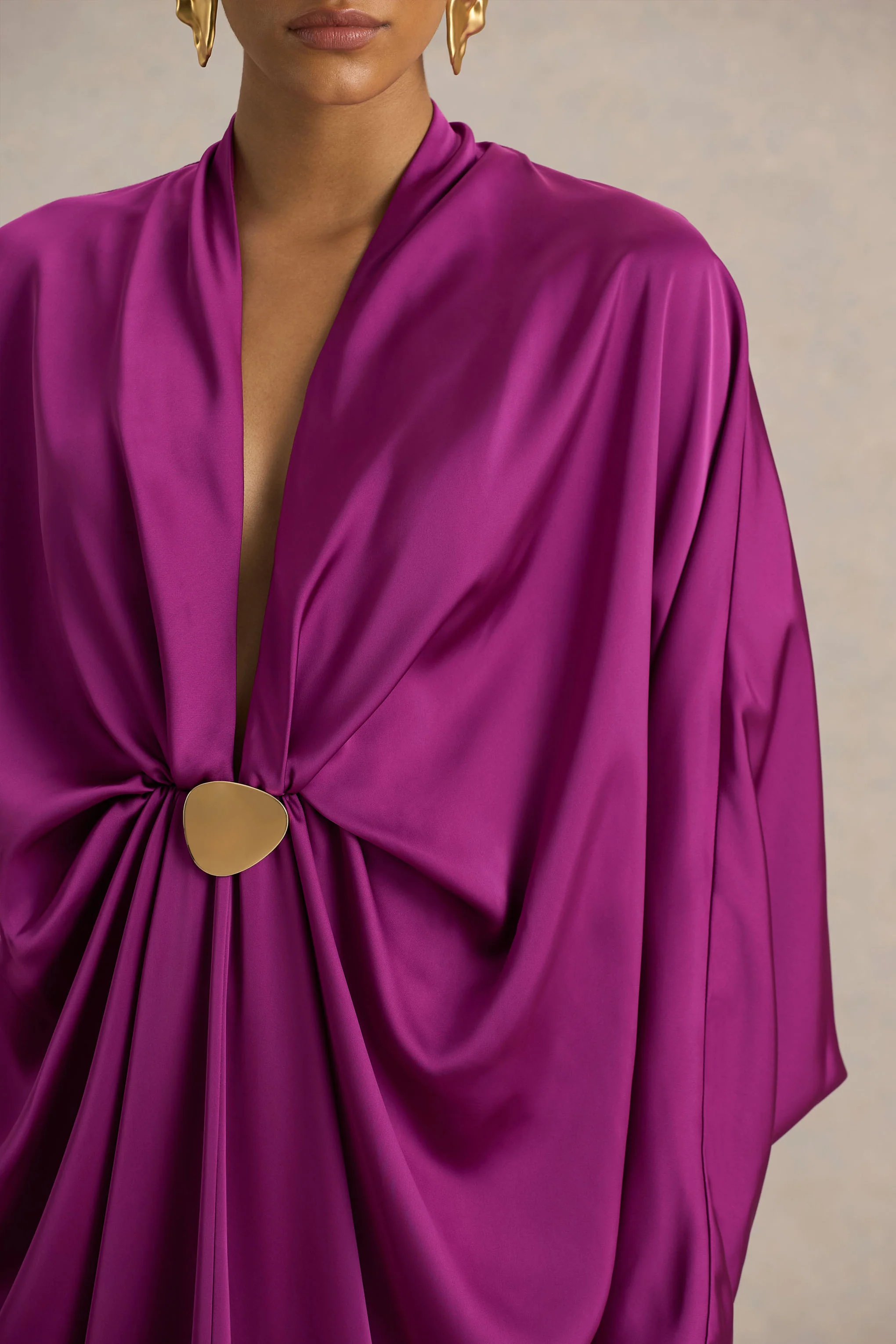 Tina | Pink Satin Plunge-Neck Embellished Maxi Dress