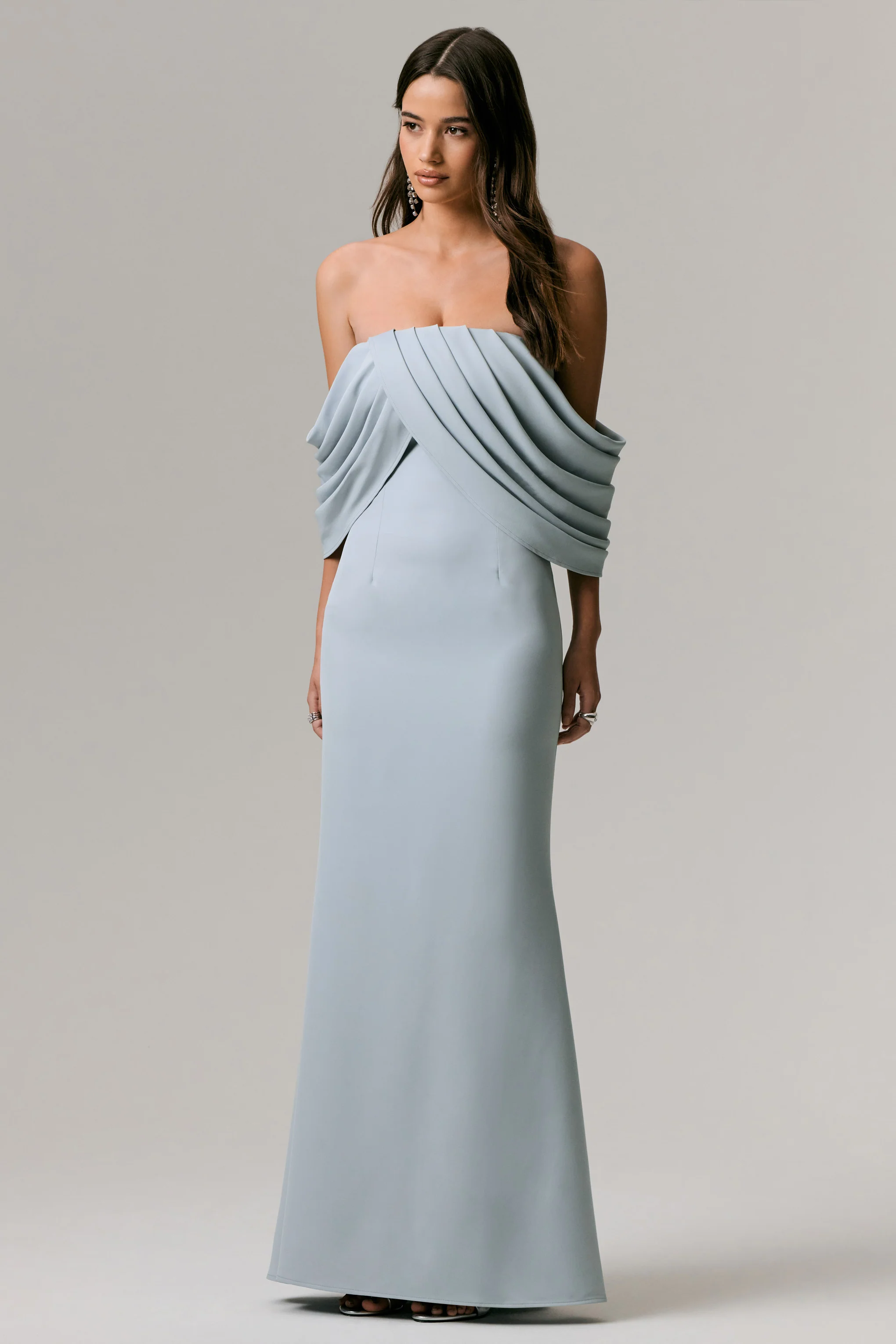 Serene | Powder Blue Draped Bardot Maxi Dress