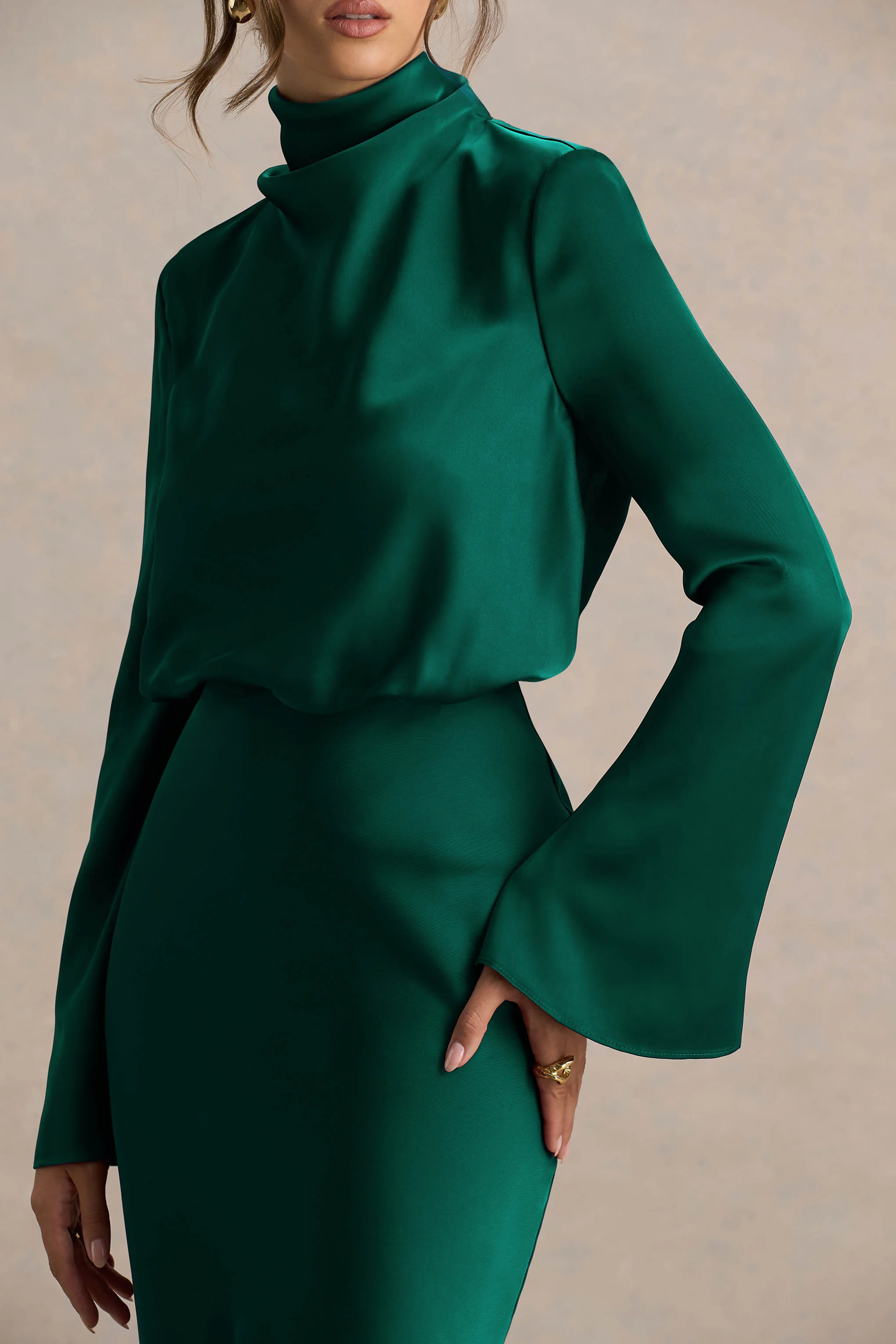 Celina | Bottle Green Satin High-Neck Maxi Dress