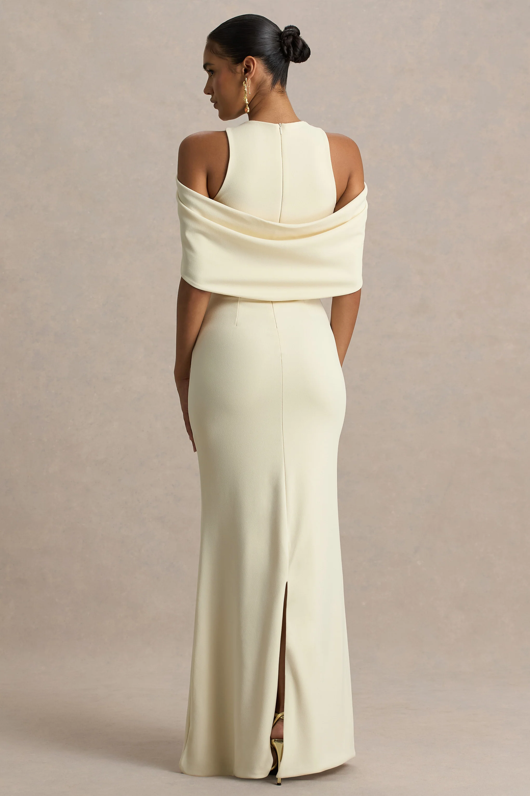 Yulia | Sand High-Neck Maxi Dress With Cape Sleeves