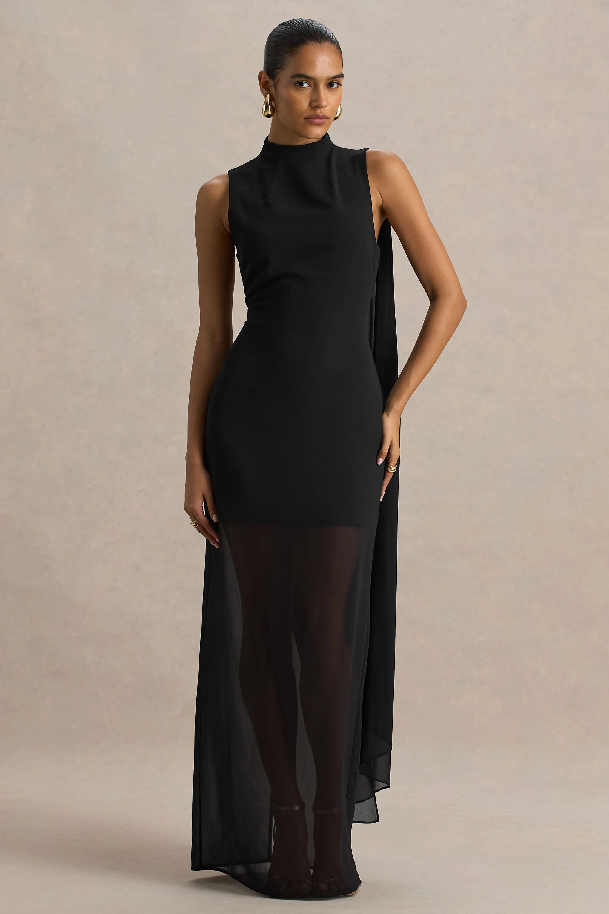 Unpredictable | Black High-Neck Maxi Dress With Back Cape Detail