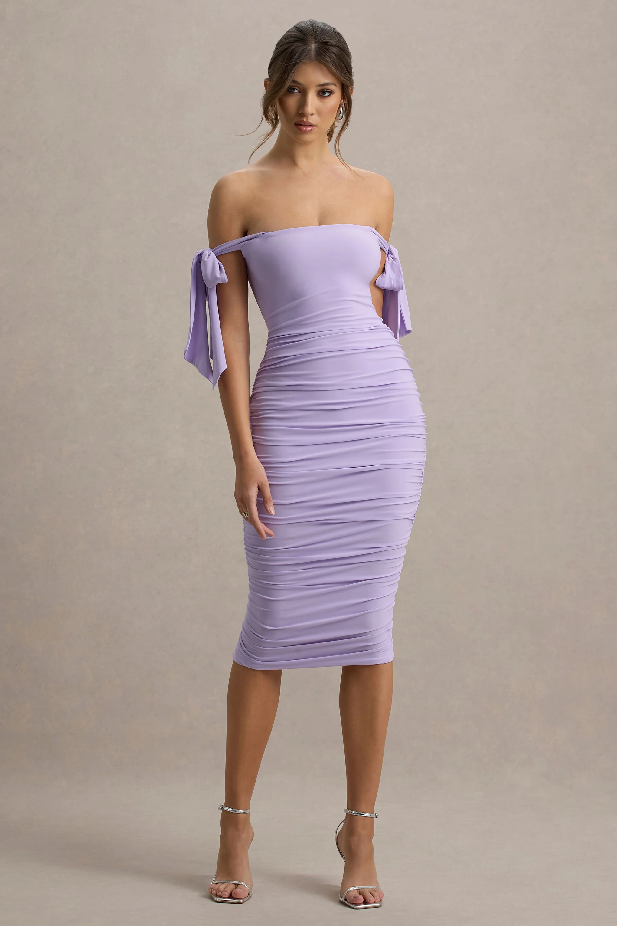 Citrus | Lilac Bardot Bodycon Midi Dress With Bow Sleeves