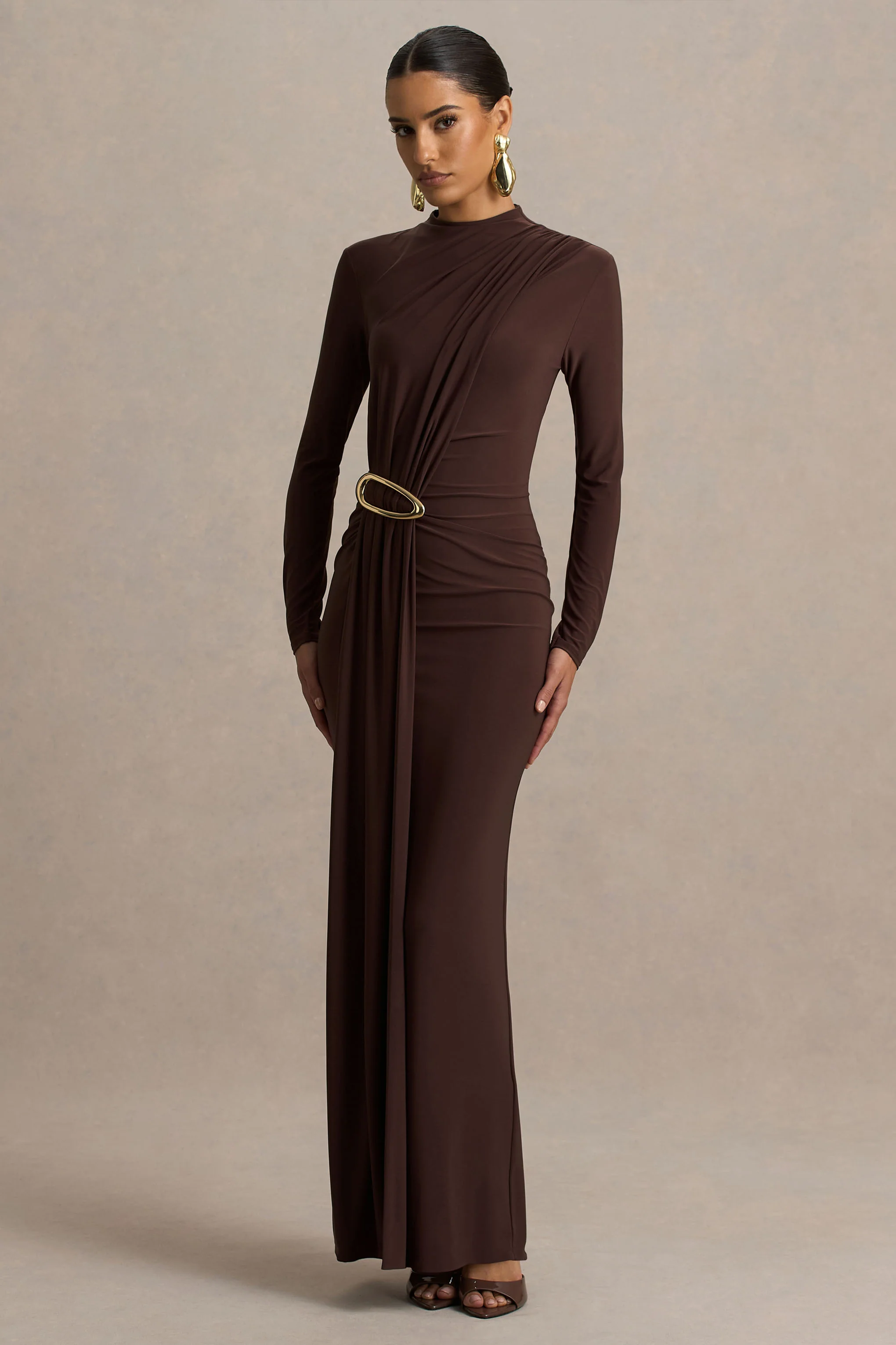 Zadie | Brown High-Neck Maxi Dress With Gathered-Detail