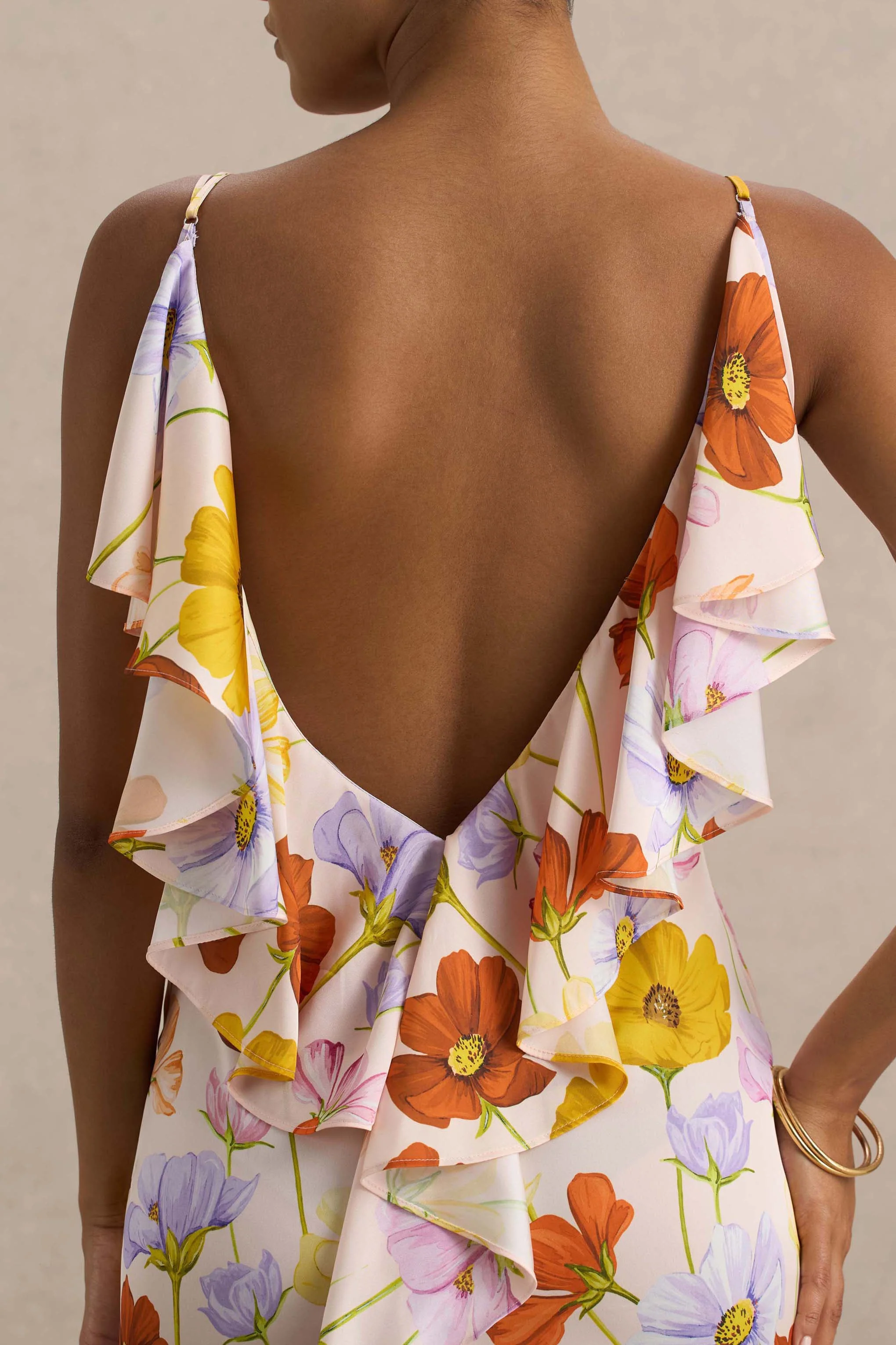 Thames | Bright Floral Print Satin Cowl-Neck Maxi Dress