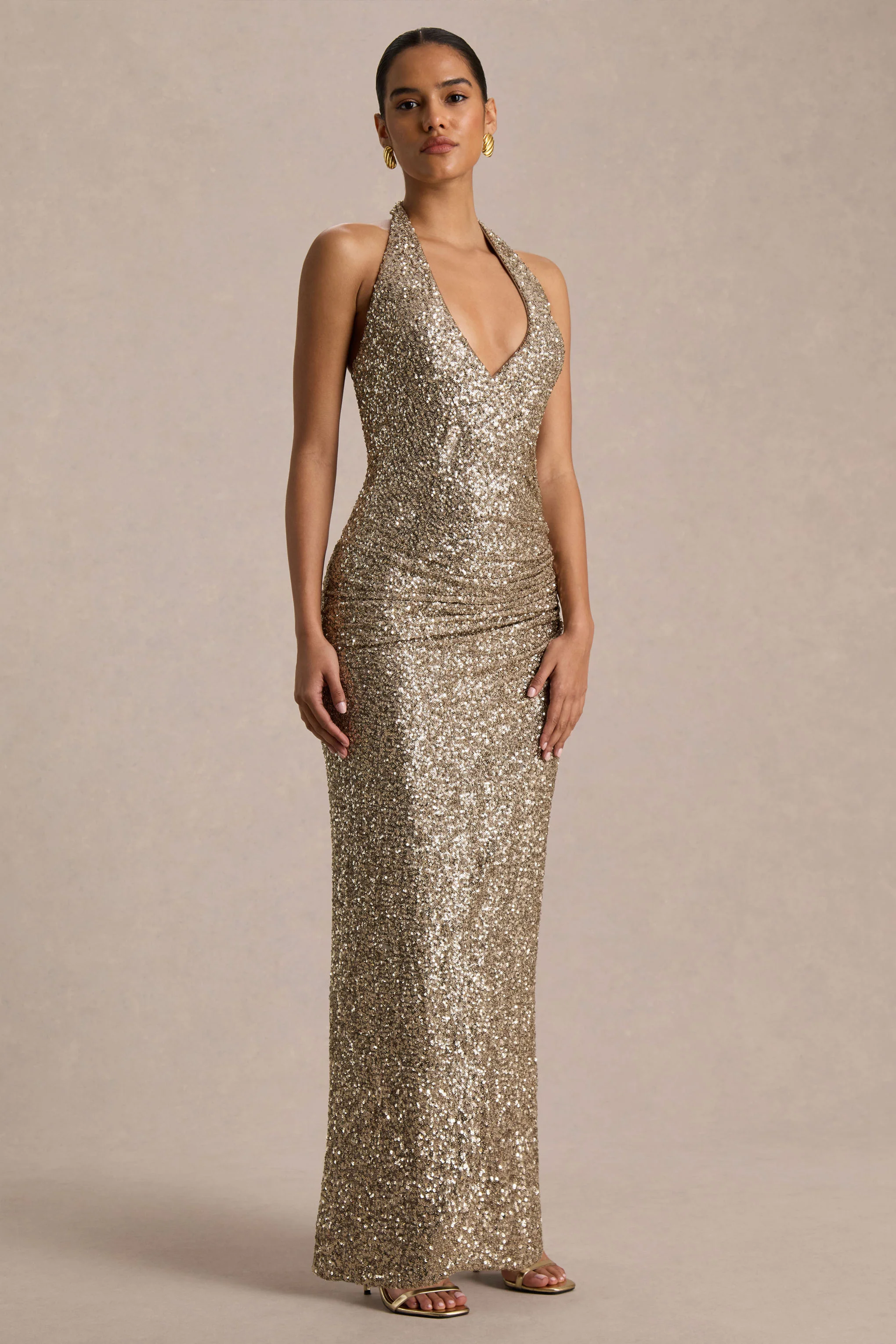 Gio | Champagne Sequin Plunge-Neck Wrap Maxi Dress With Ruched Detailing