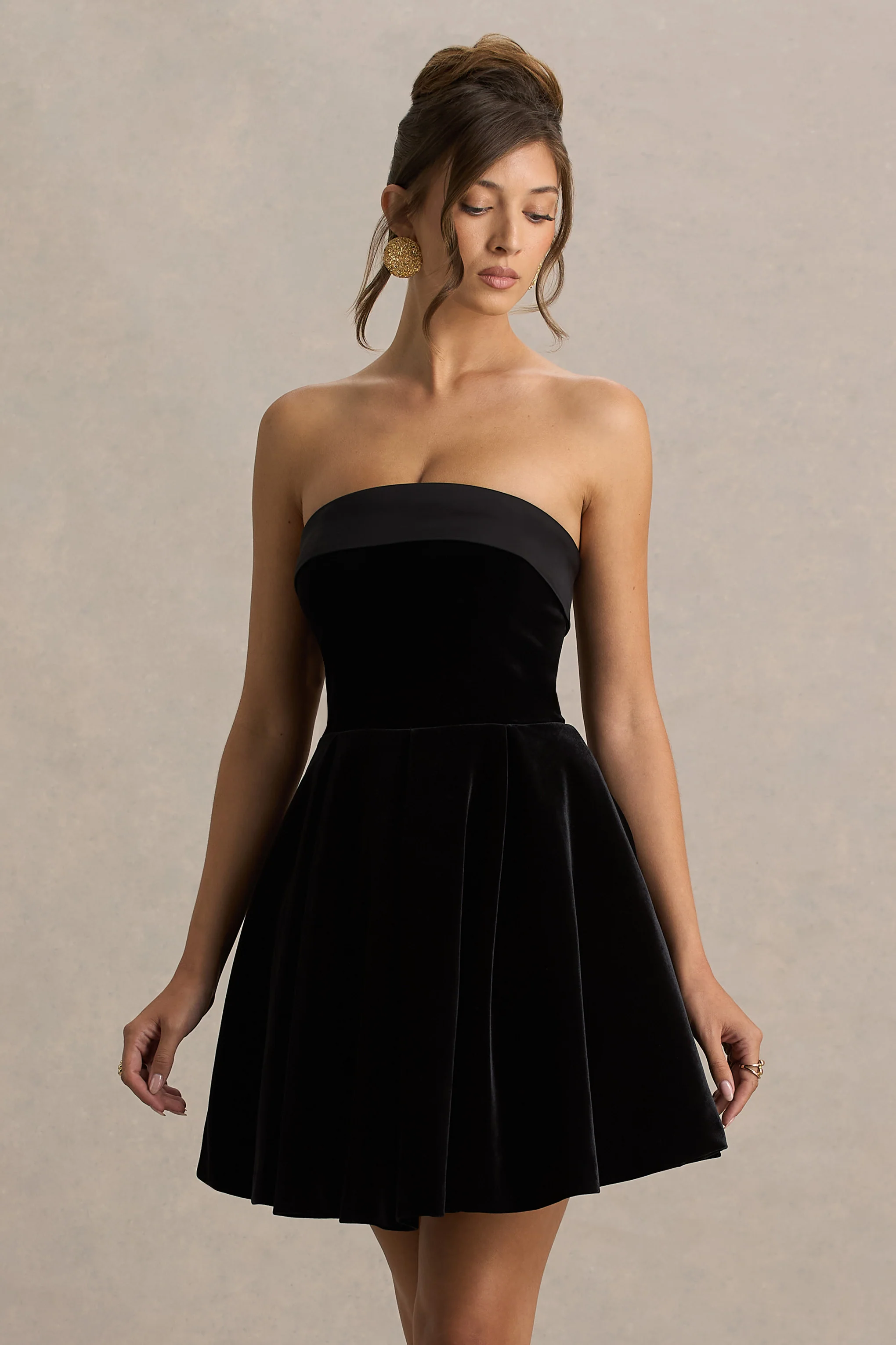Mina | Black Velvet And Satin Bandeau-Neck Skater Mini Dress