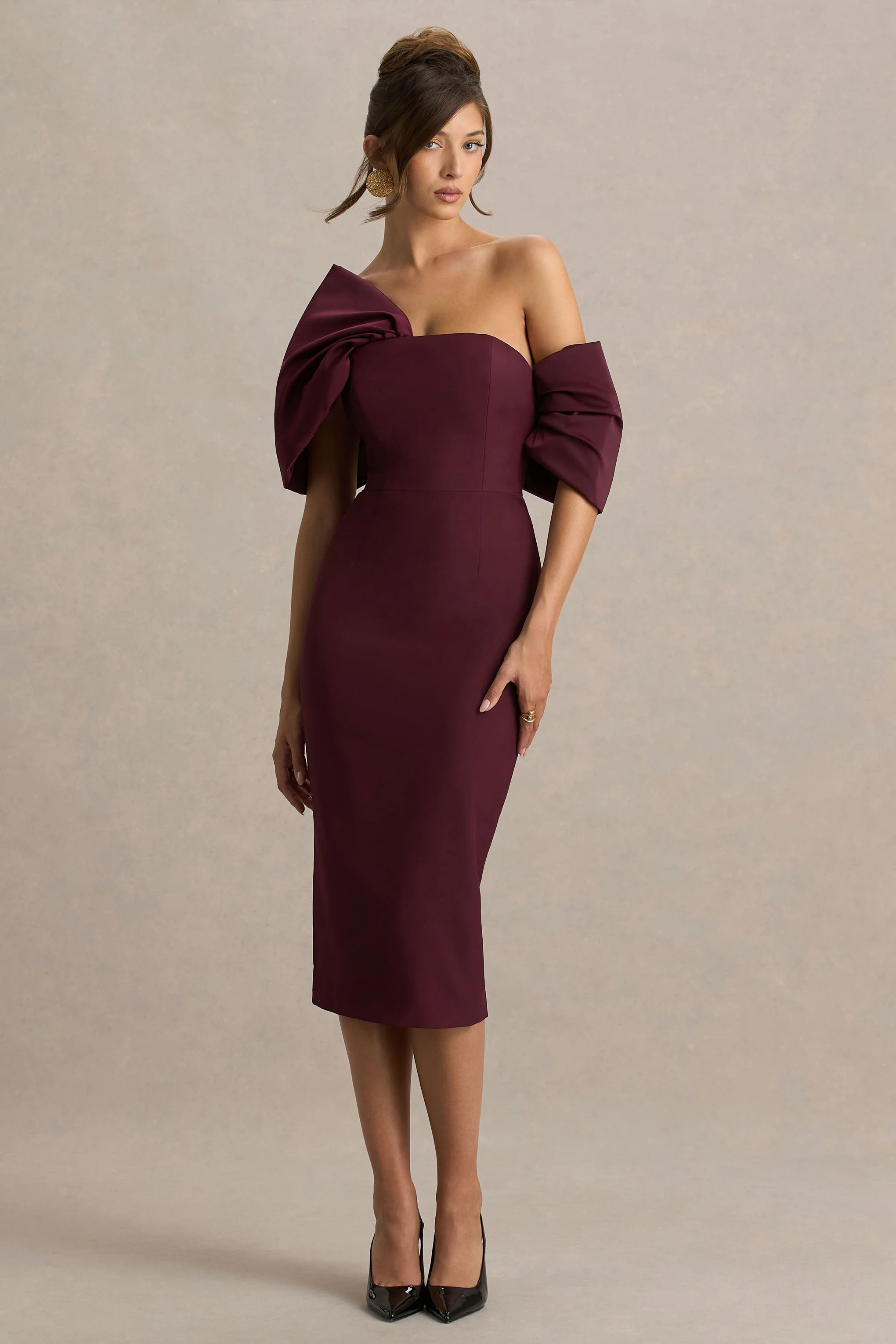 Lucille | Burgundy Asymmetric Bardot Midi Dress