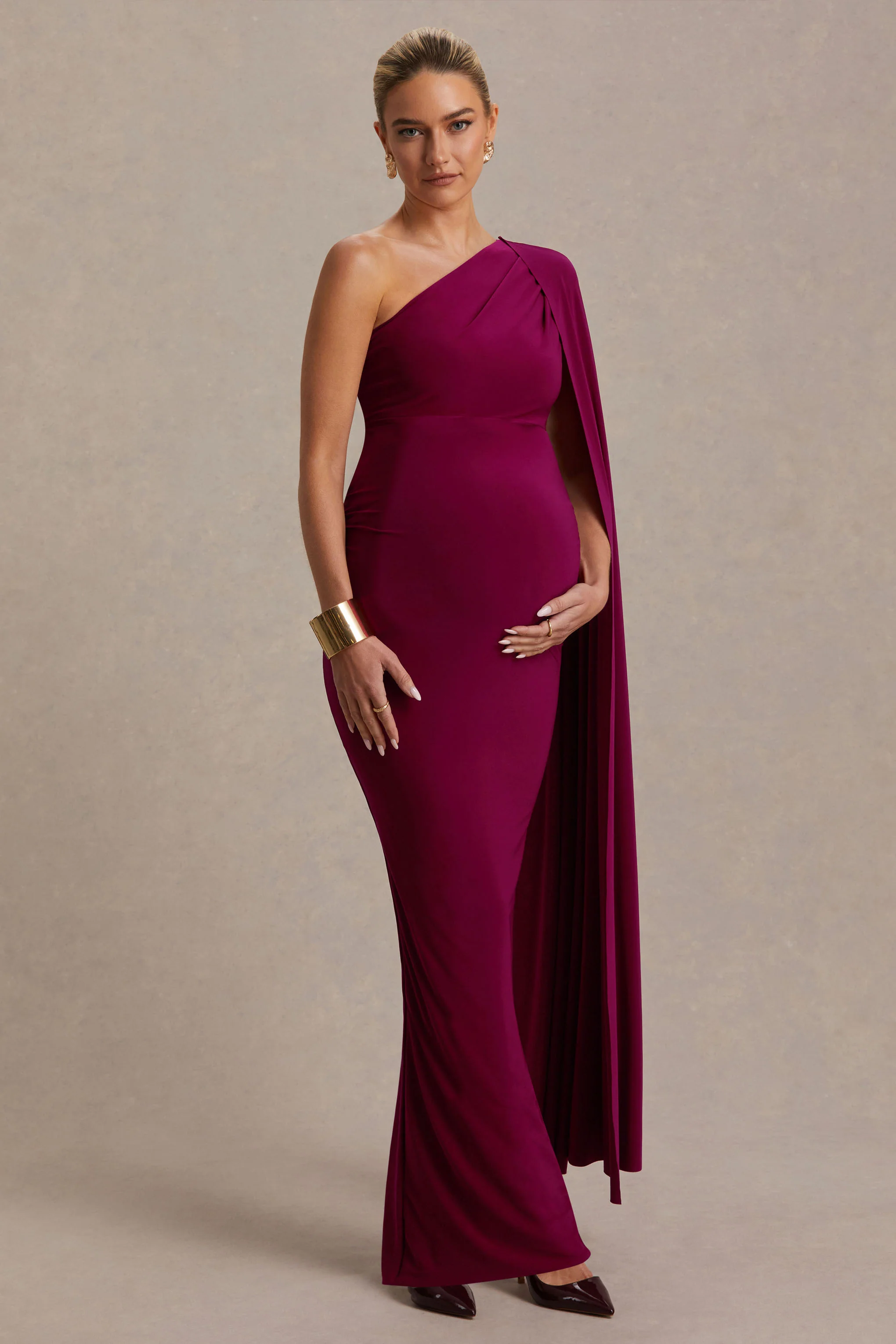 Amaryllis | Berry Maternity One Shoulder Maxi Dress with Cape Sleeve