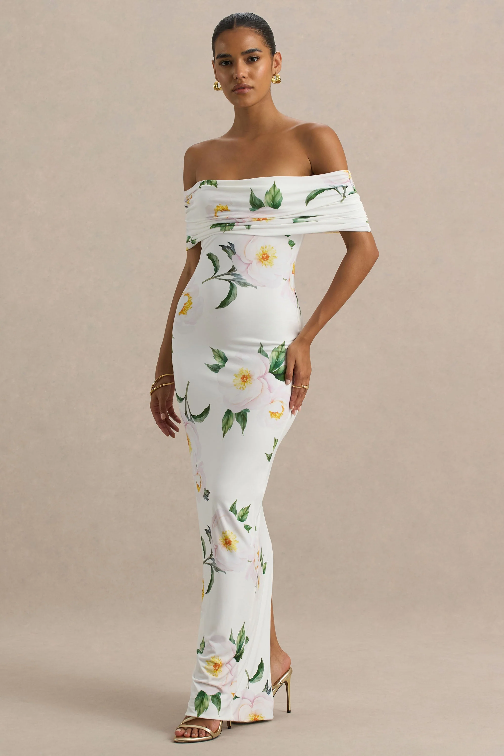 Capri | White Rose Print Bardot-Neck Maxi Dress With Ruched Detailing