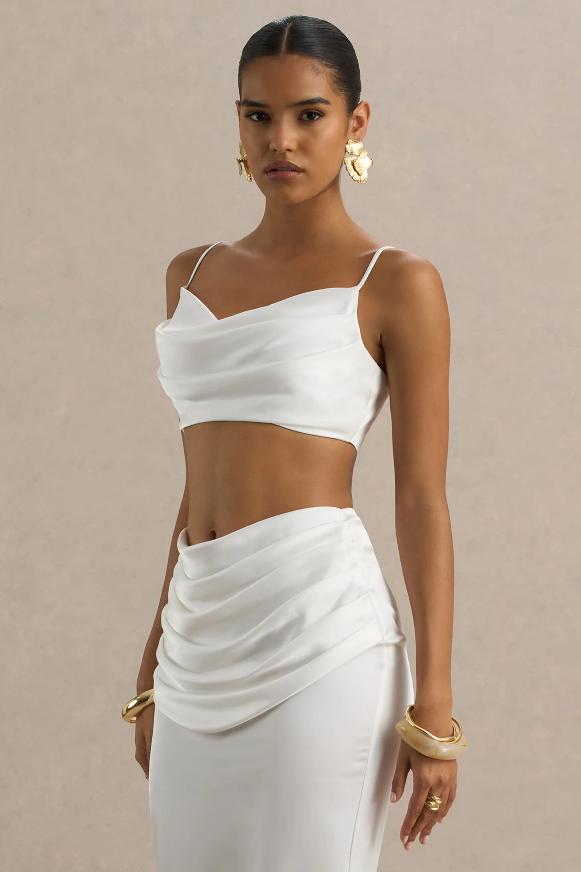 Una | White Ruched Cowl-Neck Crop Top