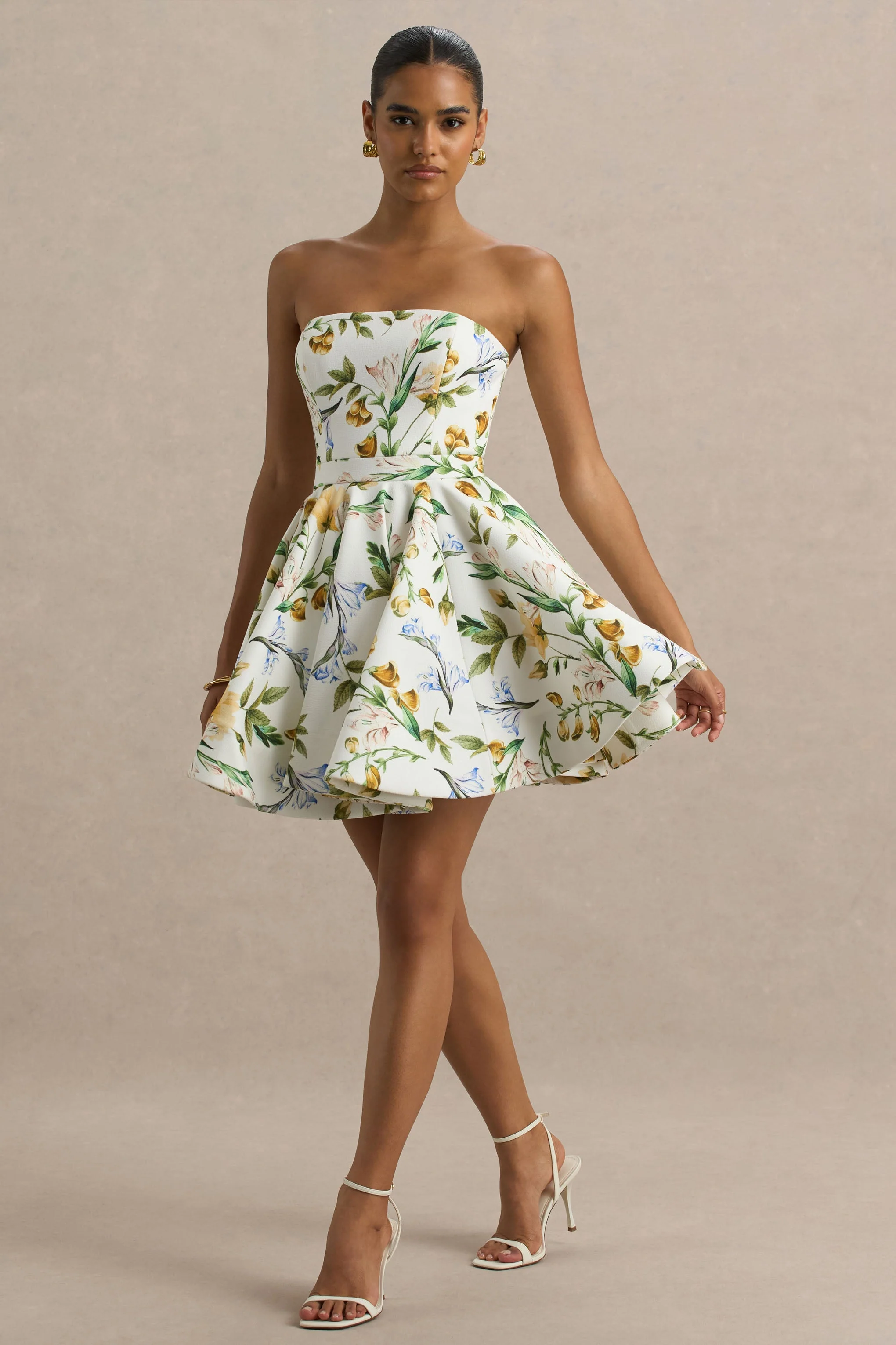 Valerian | White Botanical Print Bandeau Mini Dress With Ruffle Hem