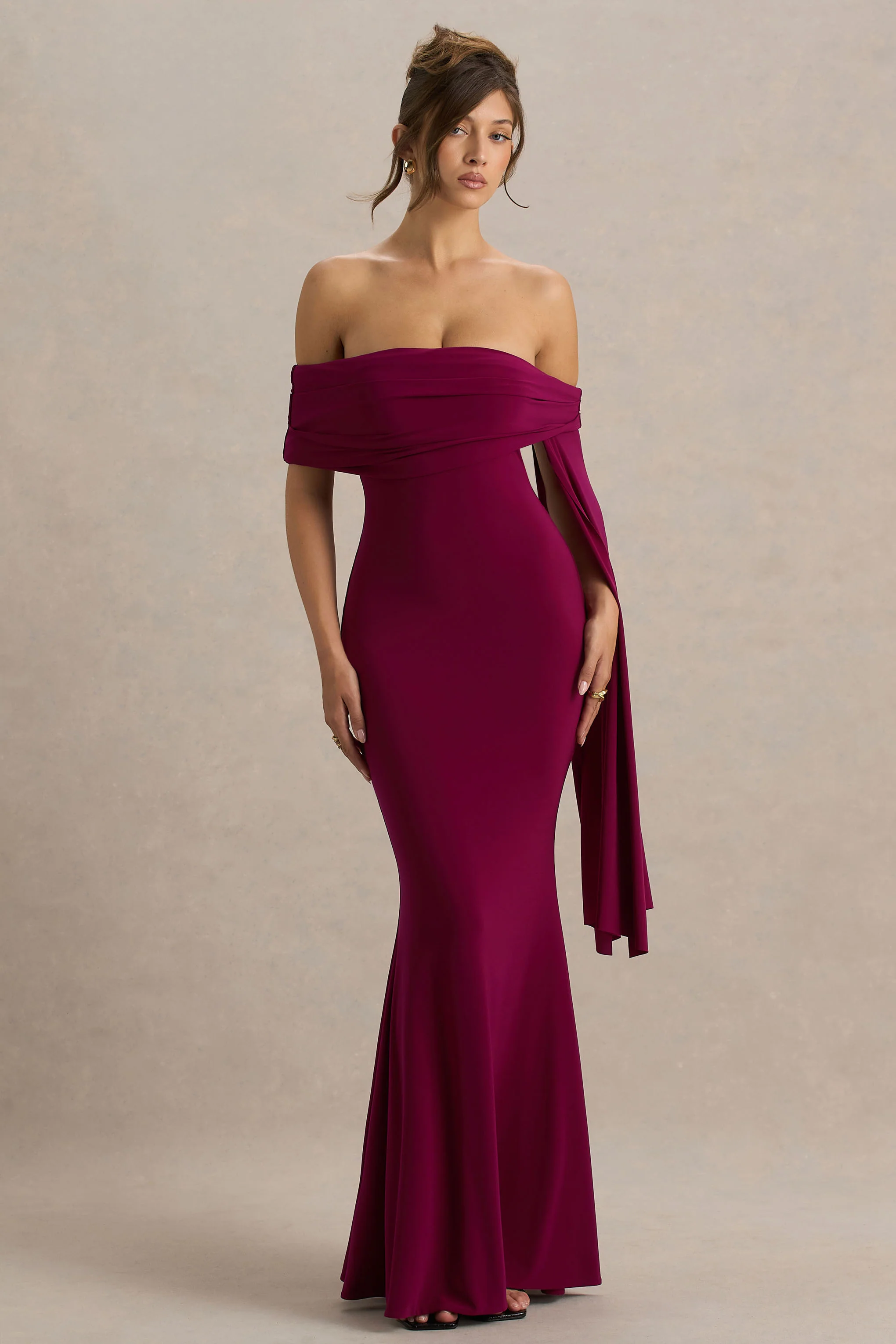 Saffina | Burgundy Bardot-Neck Maxi Dress With Sash Detail