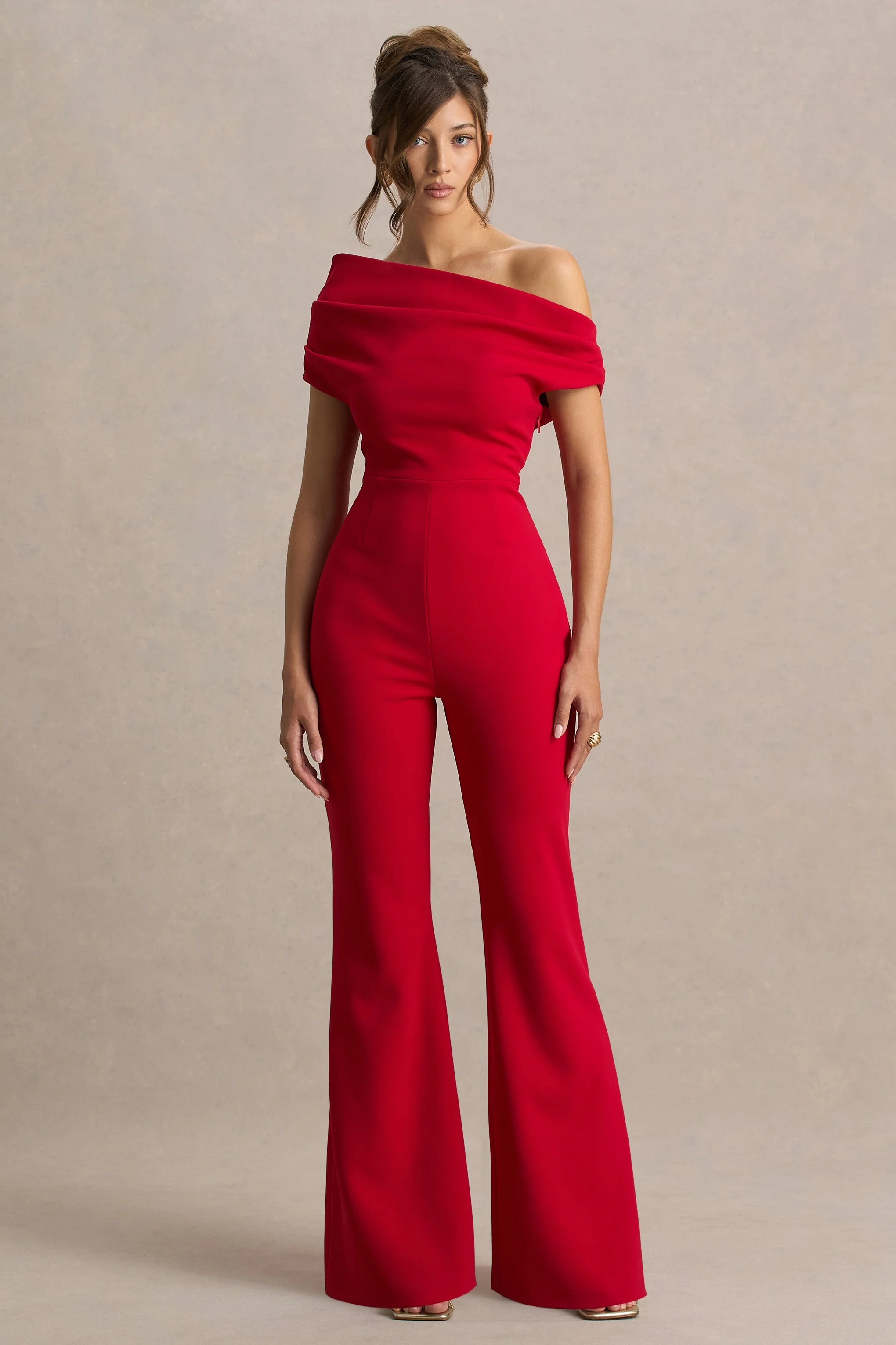 Alexandra | Red Asymmetric Draped Jumpsuit