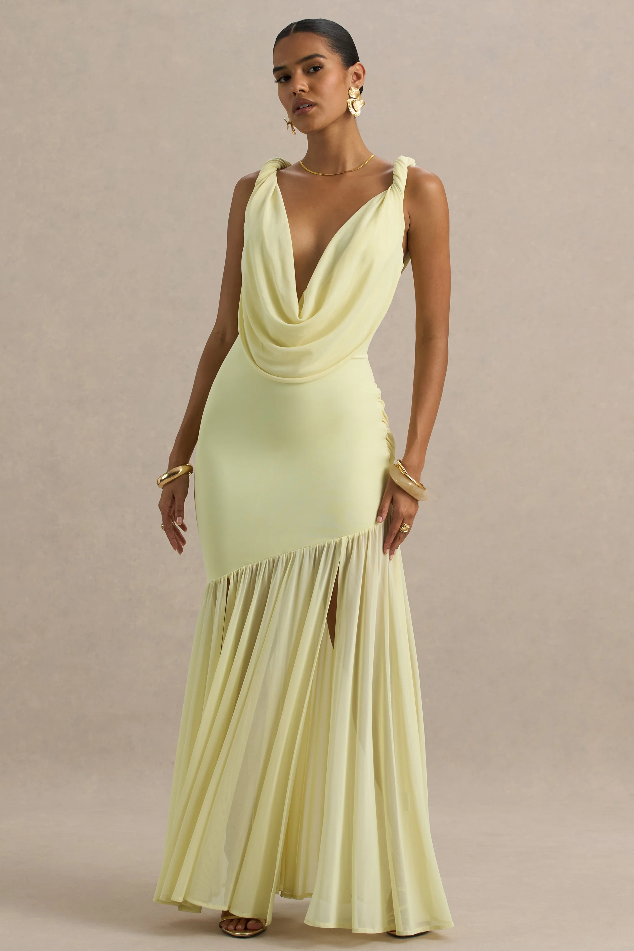 Meggie | Lemon Plunge-Neck Twisted Maxi Dress With Chiffon Skirt