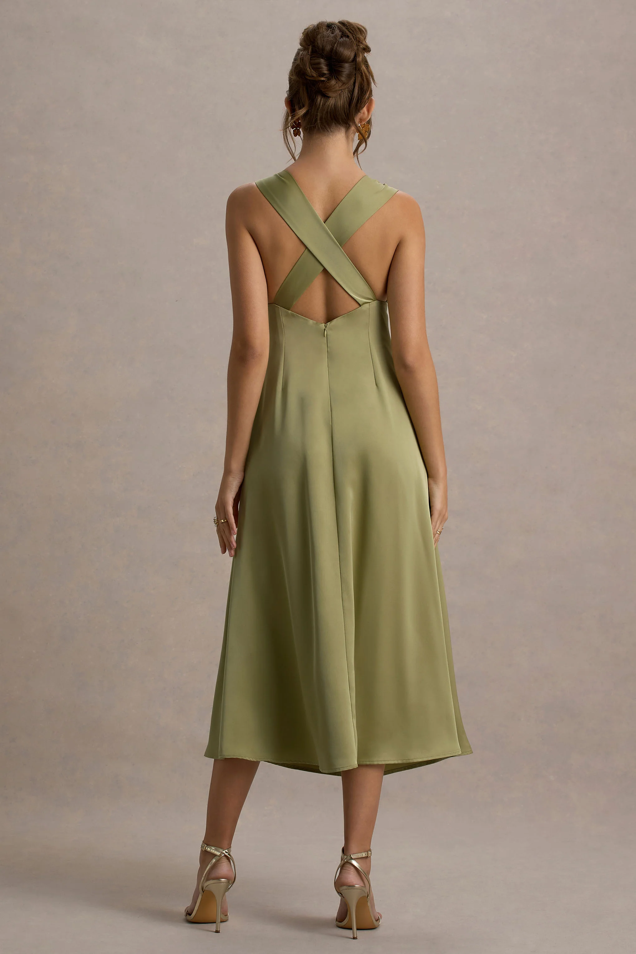 Beck | Light Green Satin Plunge-Neck Cross-Back Midi Dress