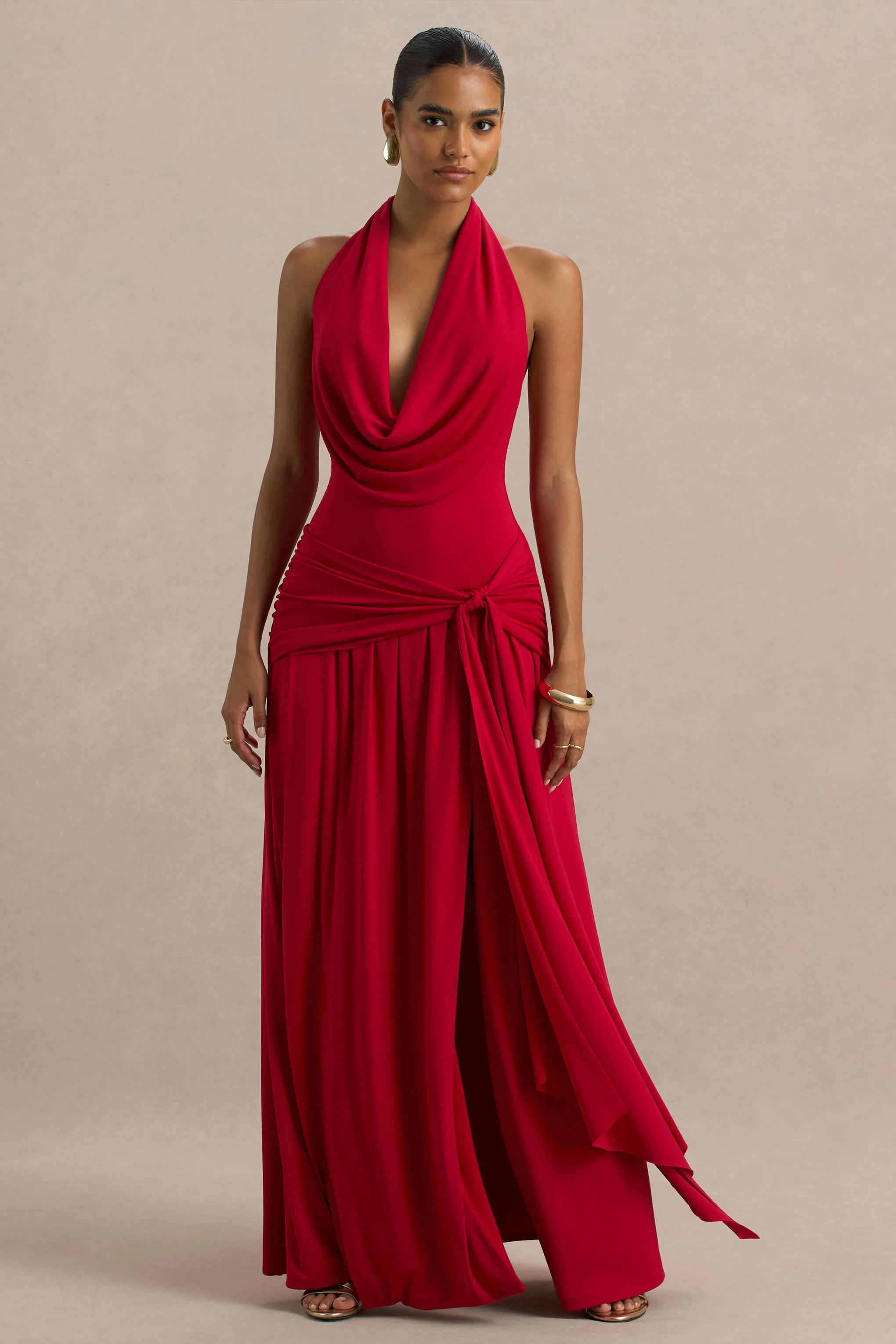 Mist | Red Plunge-Neck Maxi Dress With Sash Detail And Front High Split