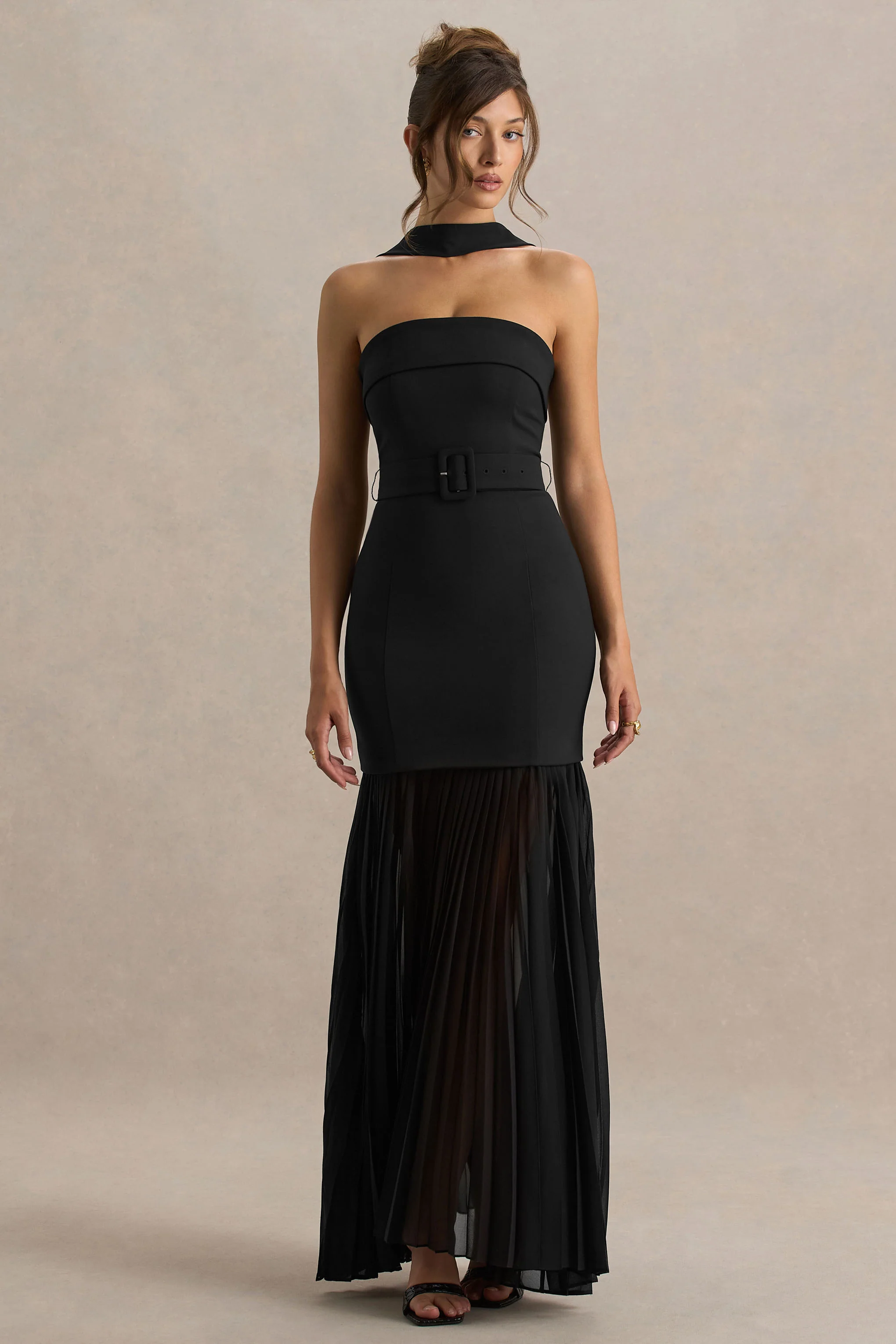 Jaquetta | Black Belted Maxi Dress With Pleated Chiffon Skirt