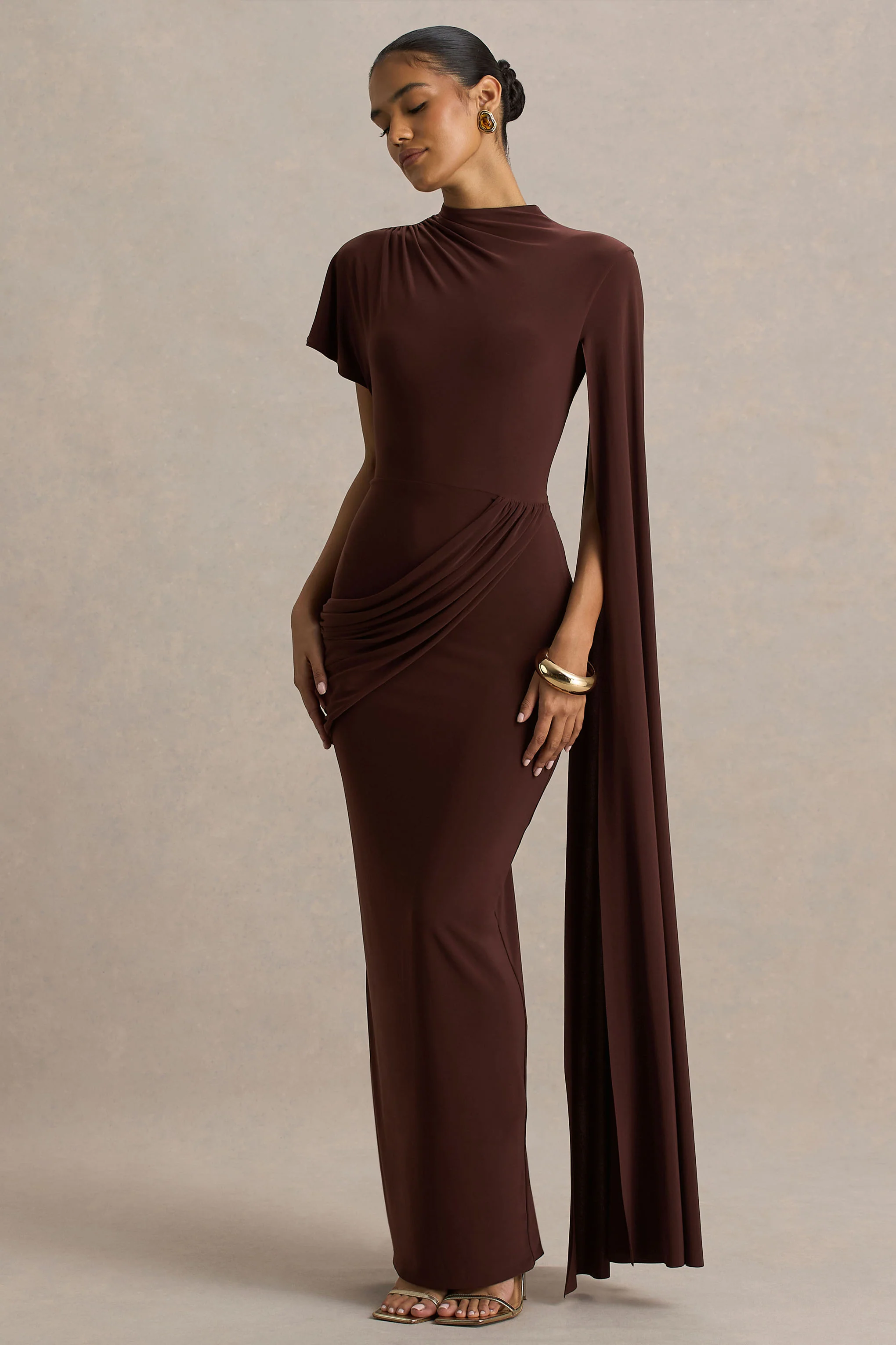 Tropic | Brown High-Neck Maxi With Long Cape Sleeve
