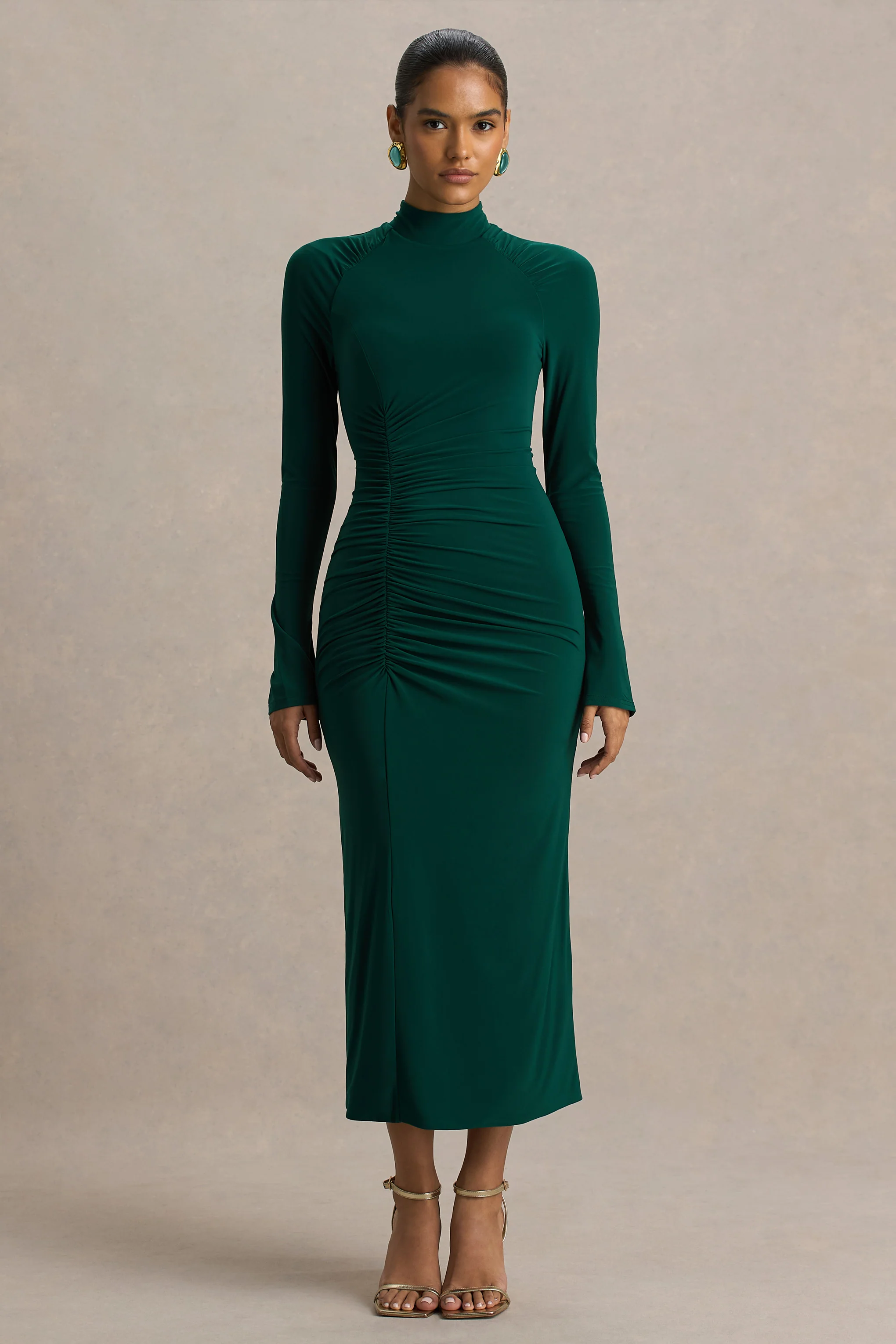 Cassandra | Bottle Green High-Neck Long-Sleeve Midi Dress