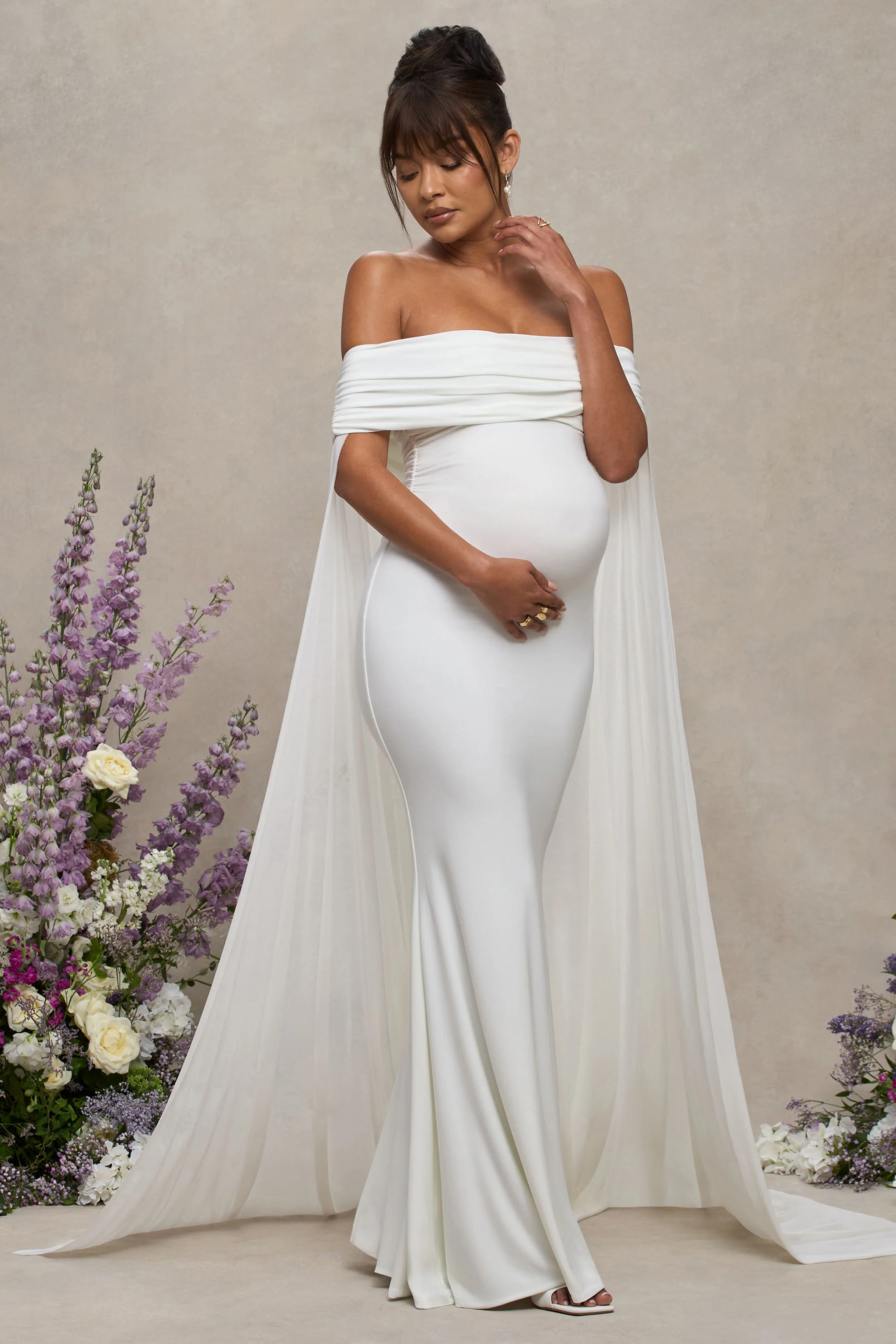 Carlotta | White Bardot Maternity Maxi Dress With Chiffon Cape