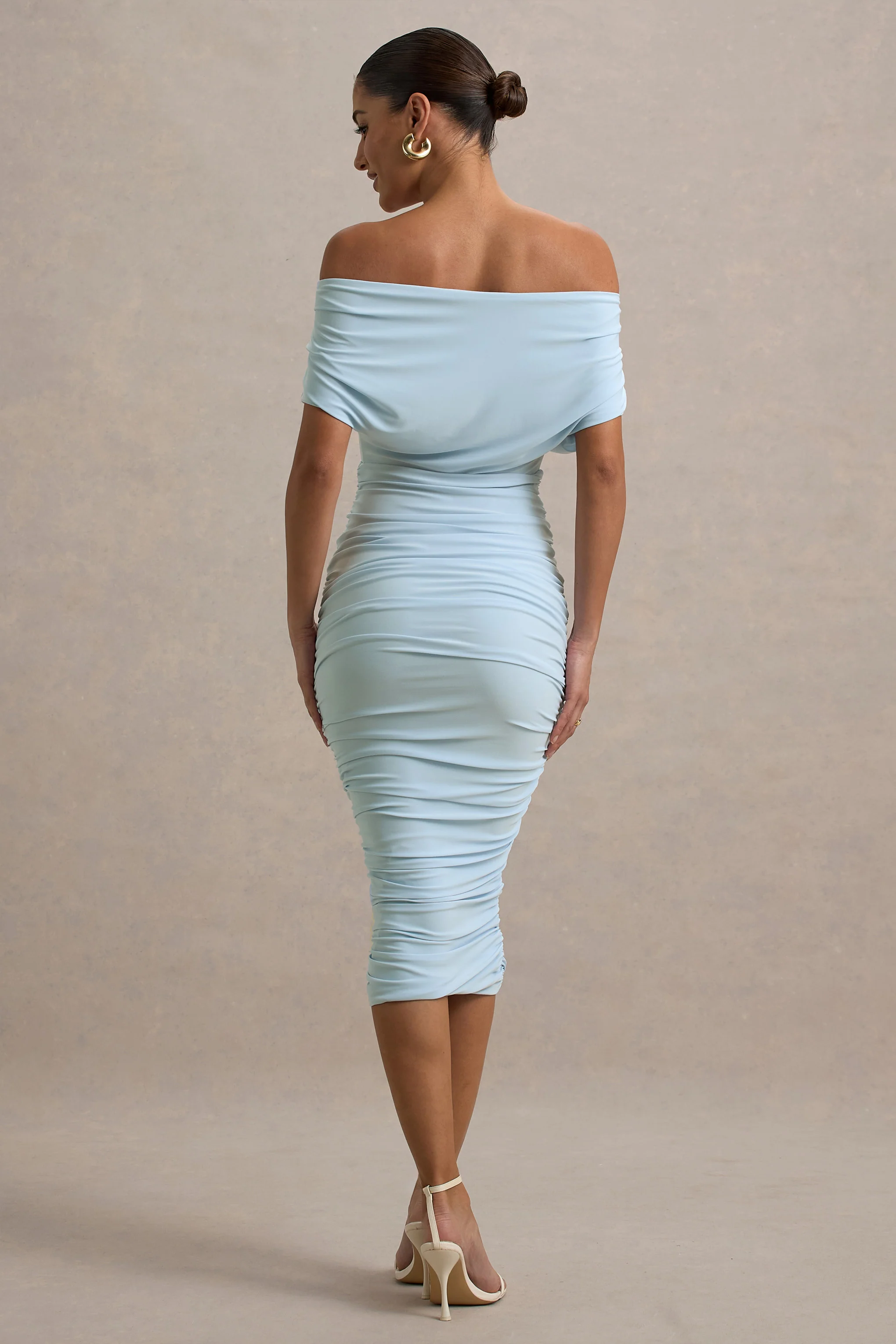 Rayleigh | Powder Blue Bardot Ruched Midi Dress