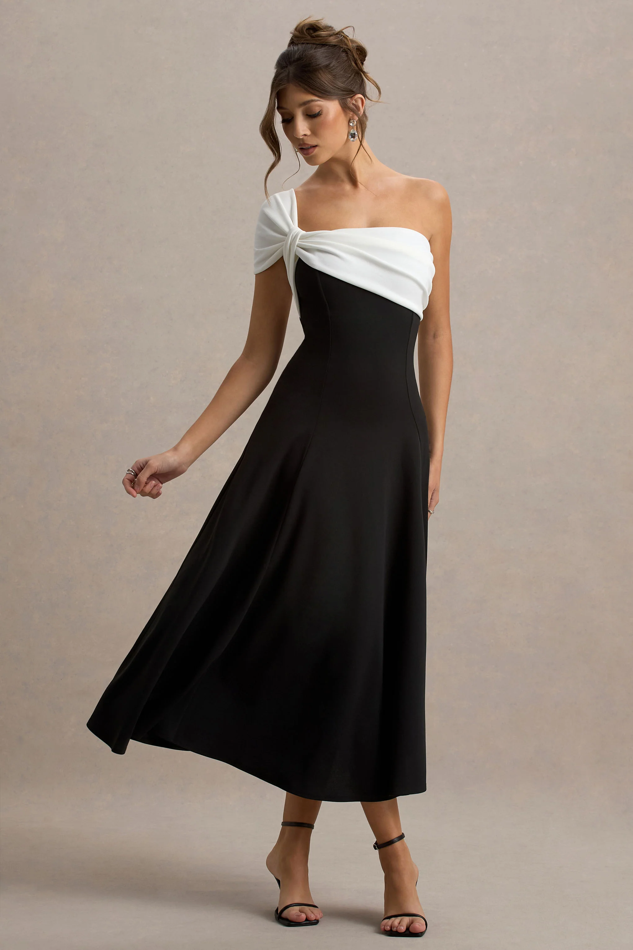 Malta | Black & White One-Shoulder Midi Dress