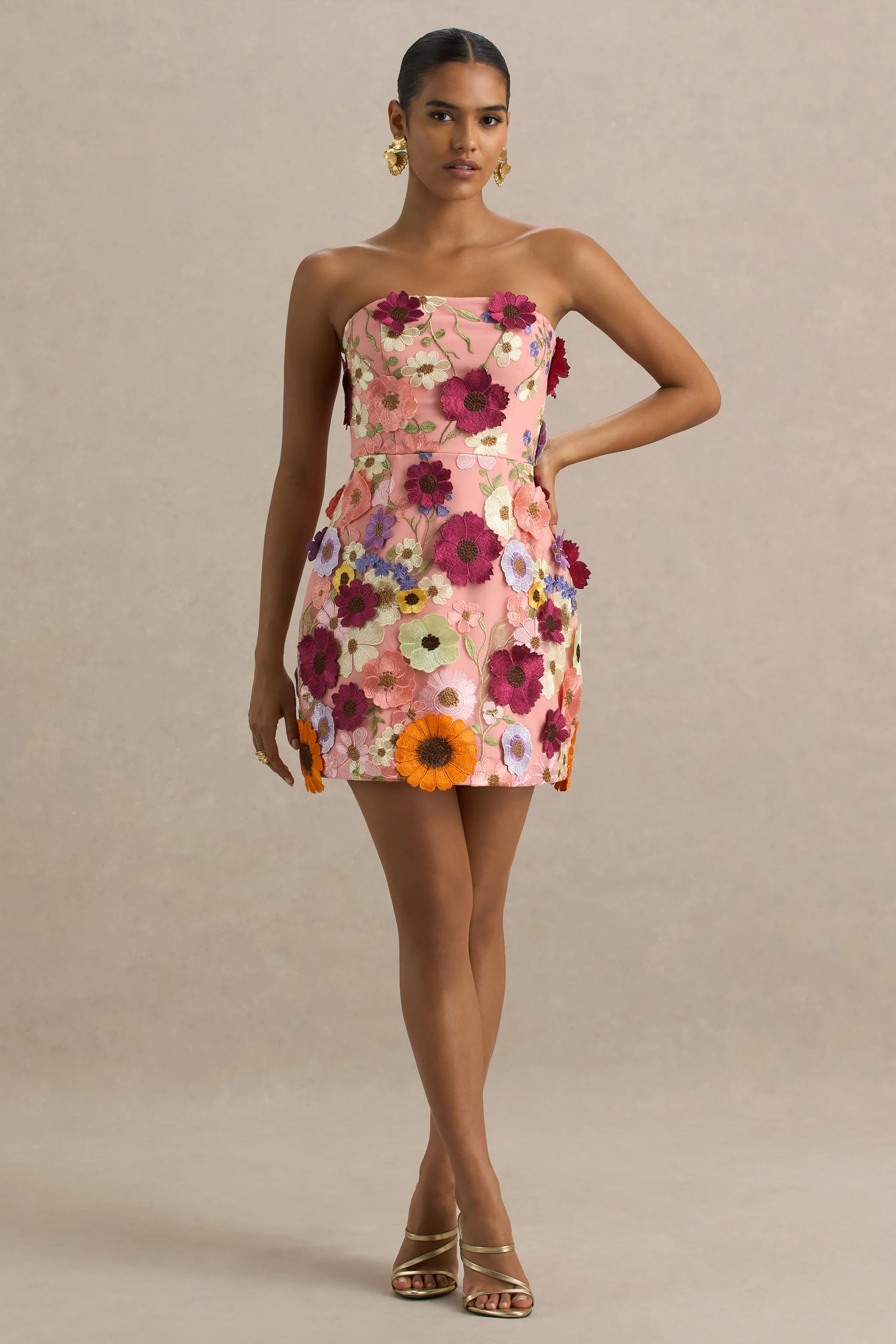Kristen | Pink Floral Bandeau-Neck Mini Dress