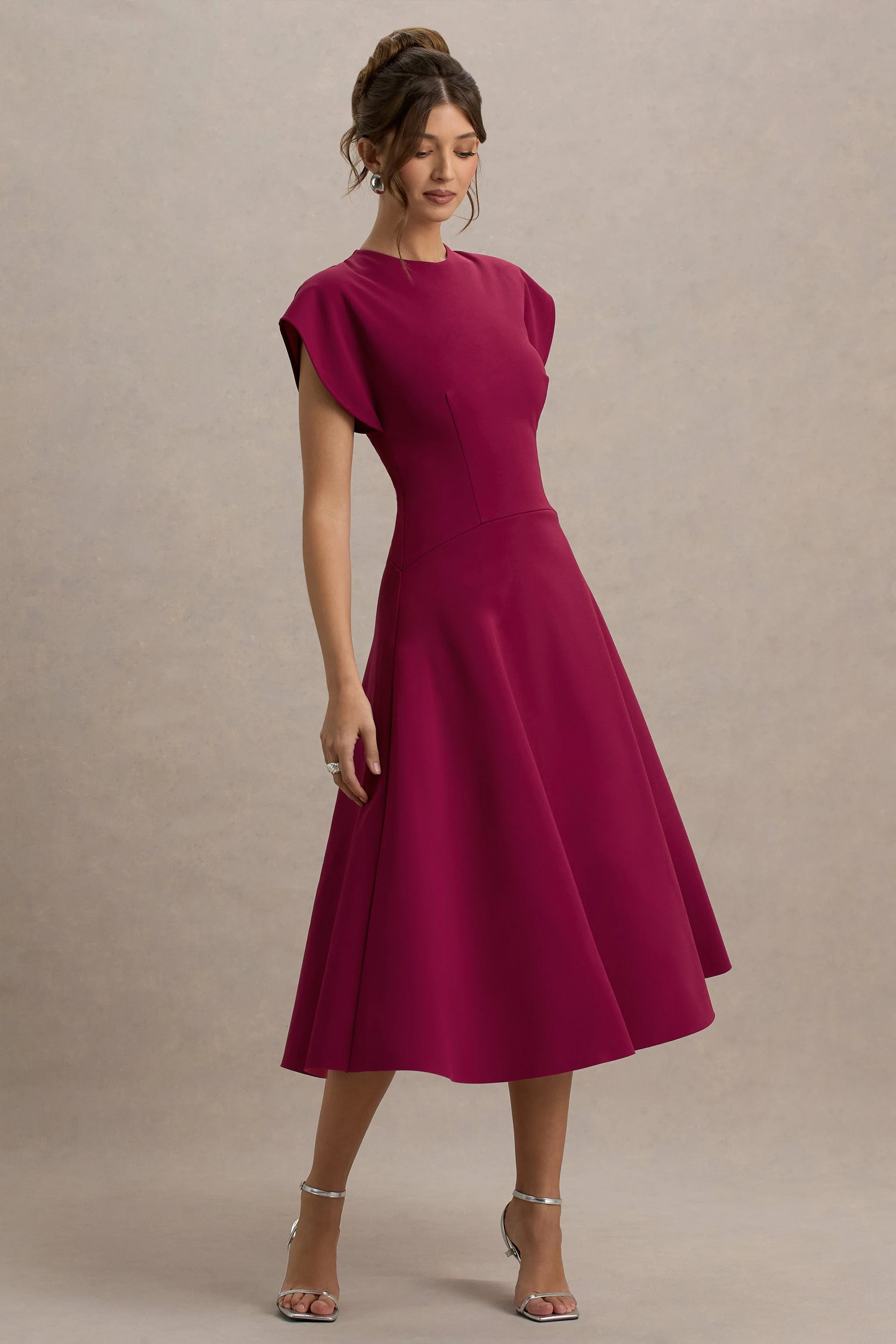 Linda | Dark Cherry Crew-Neck Cap-Sleeve Midi Dress