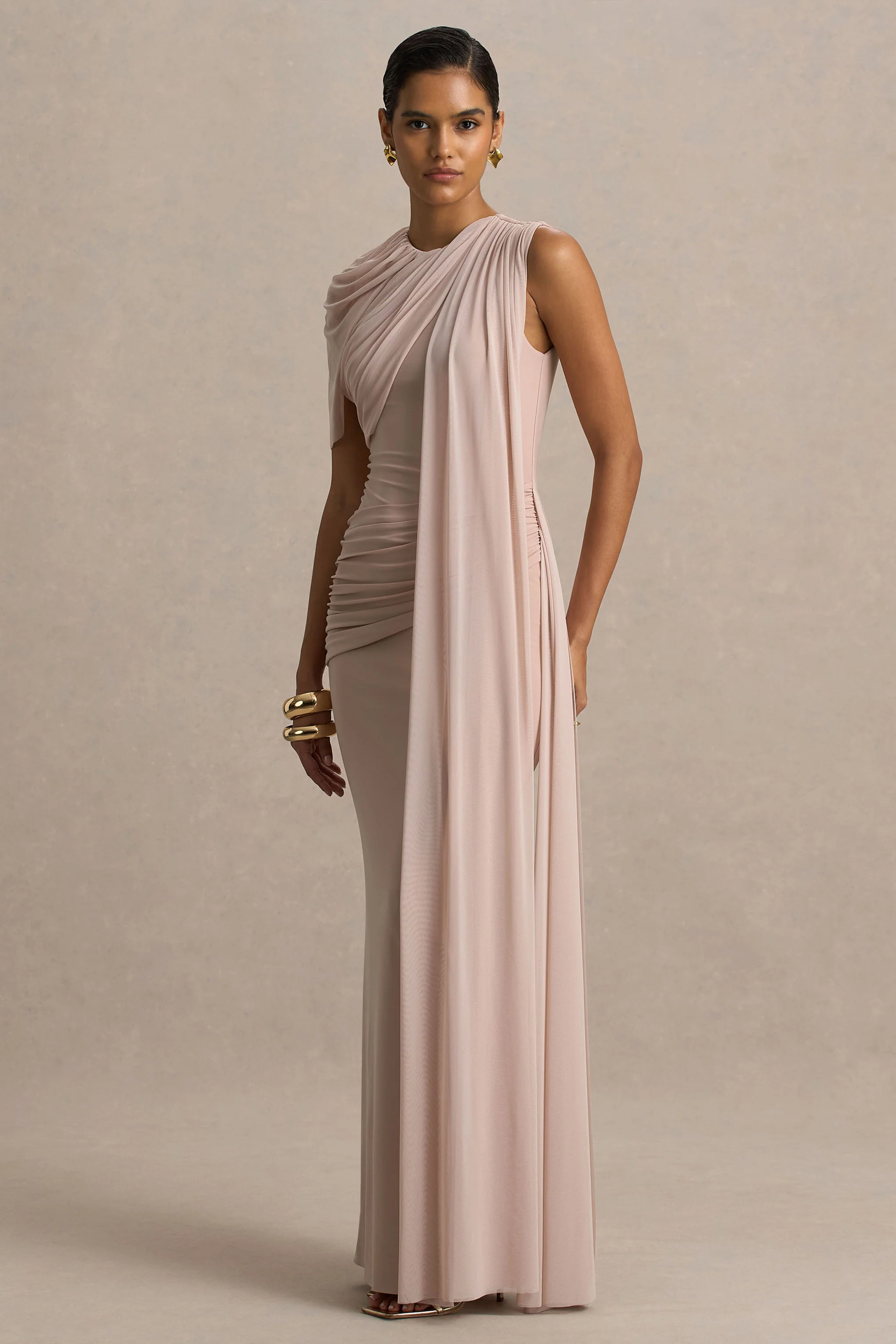 Brenda | Champagne Maxi Dress With Mesh Cape And Sash