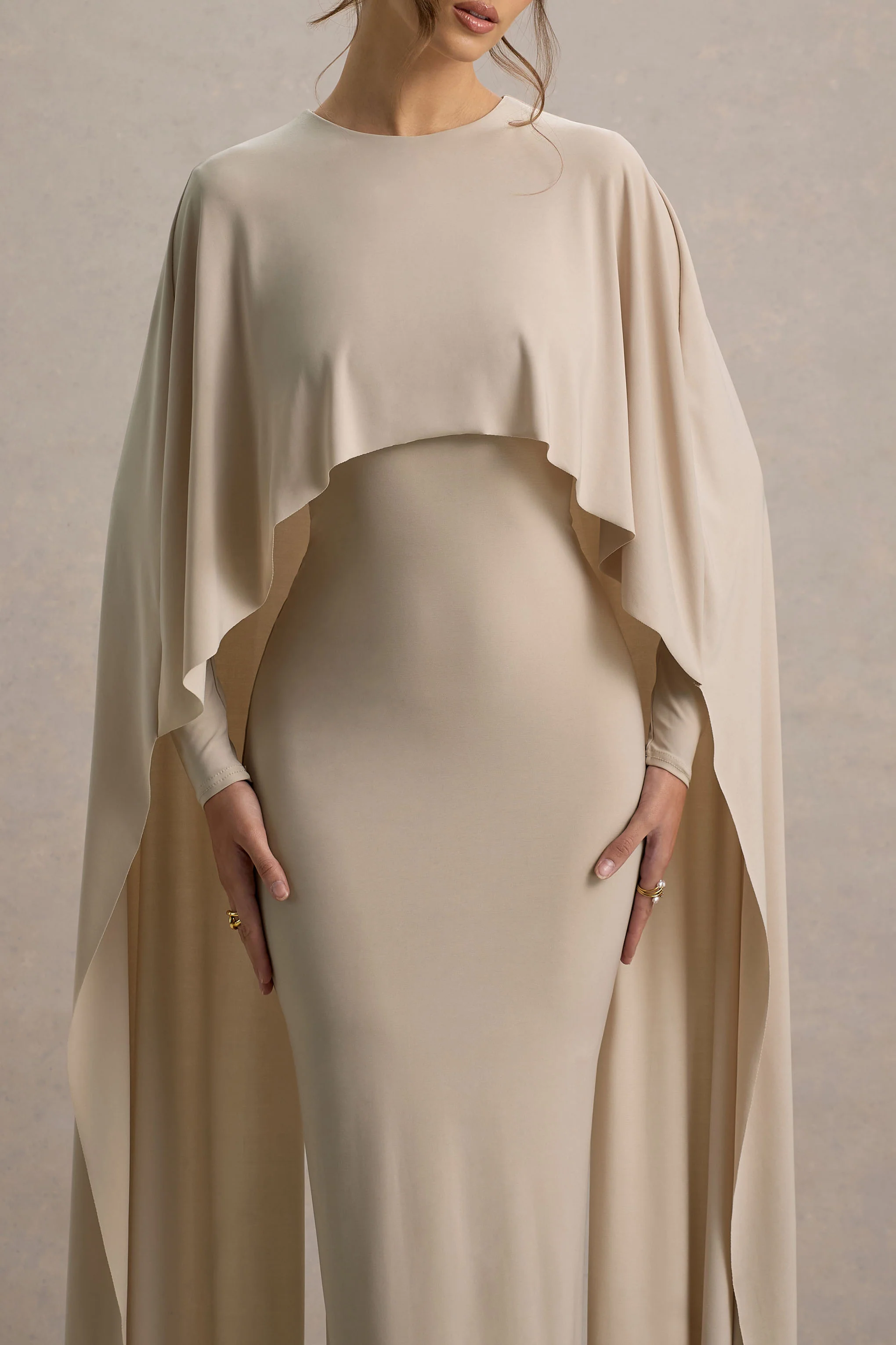Belinda | Champagne Draped Maxi Dress With Cape Sleeves