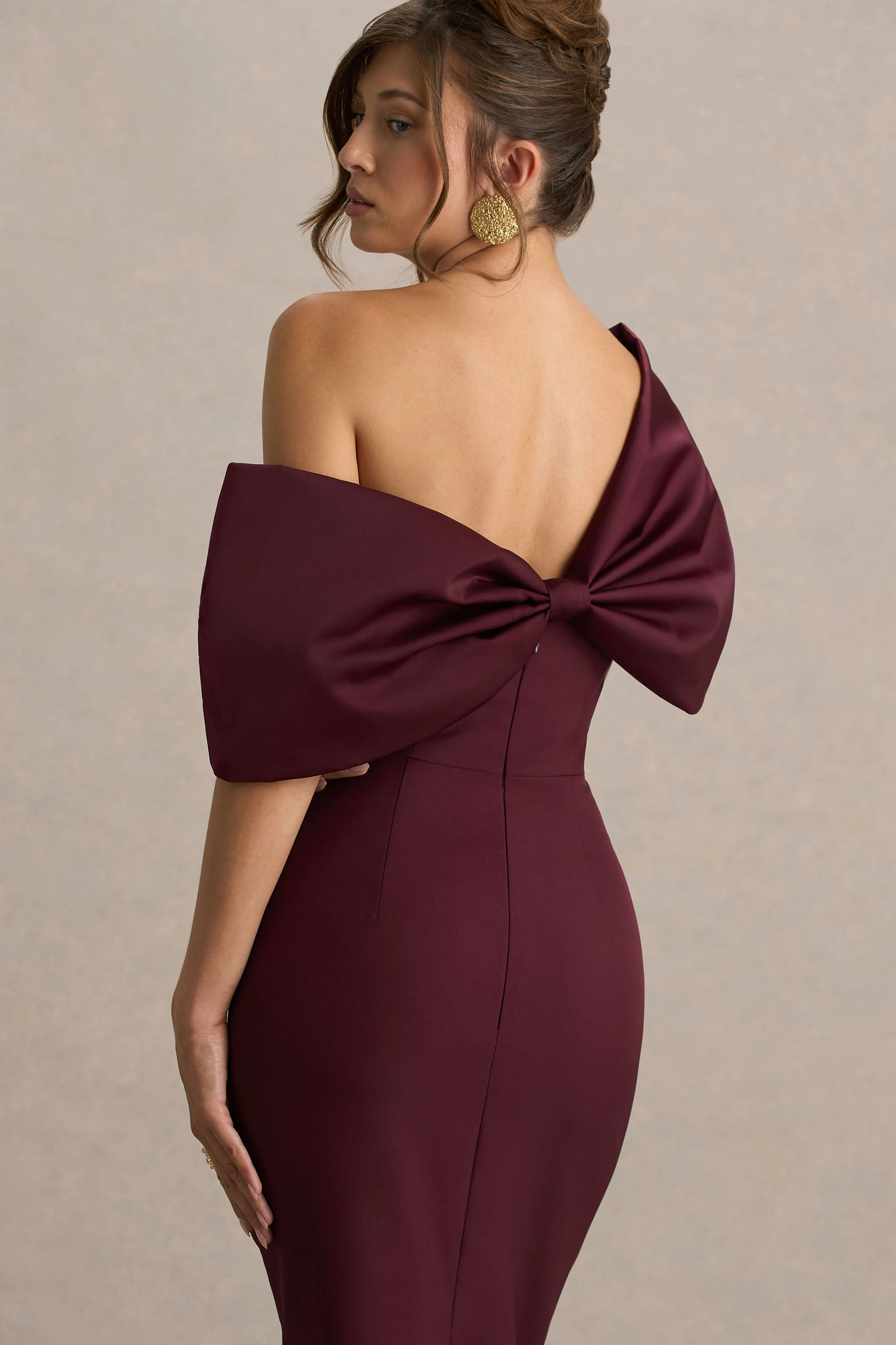 Lucille | Burgundy Asymmetric Bardot Midi Dress