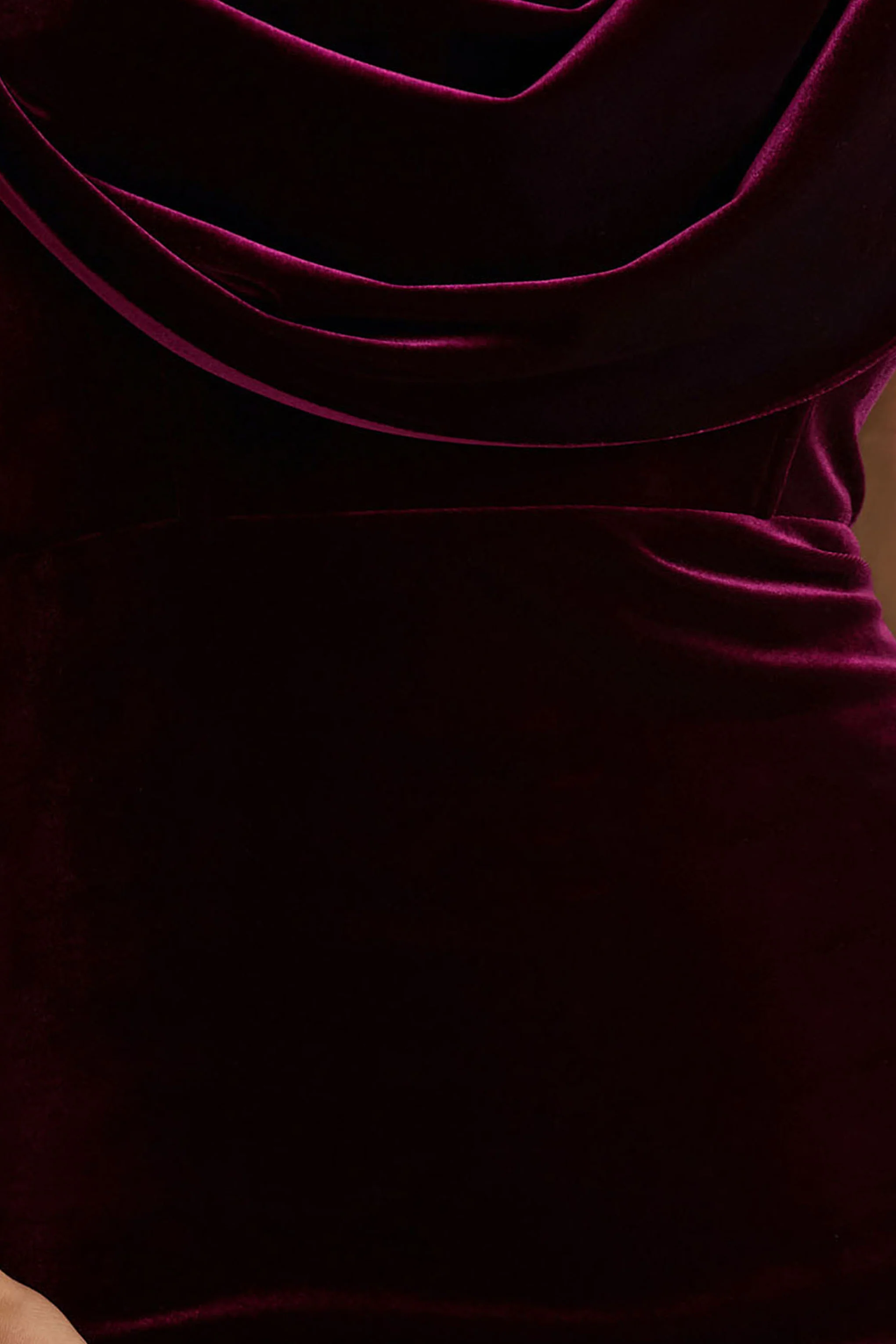 High End | Burgundy Velvet Asymmetric-Neck Midi Dress With Draped Detailing