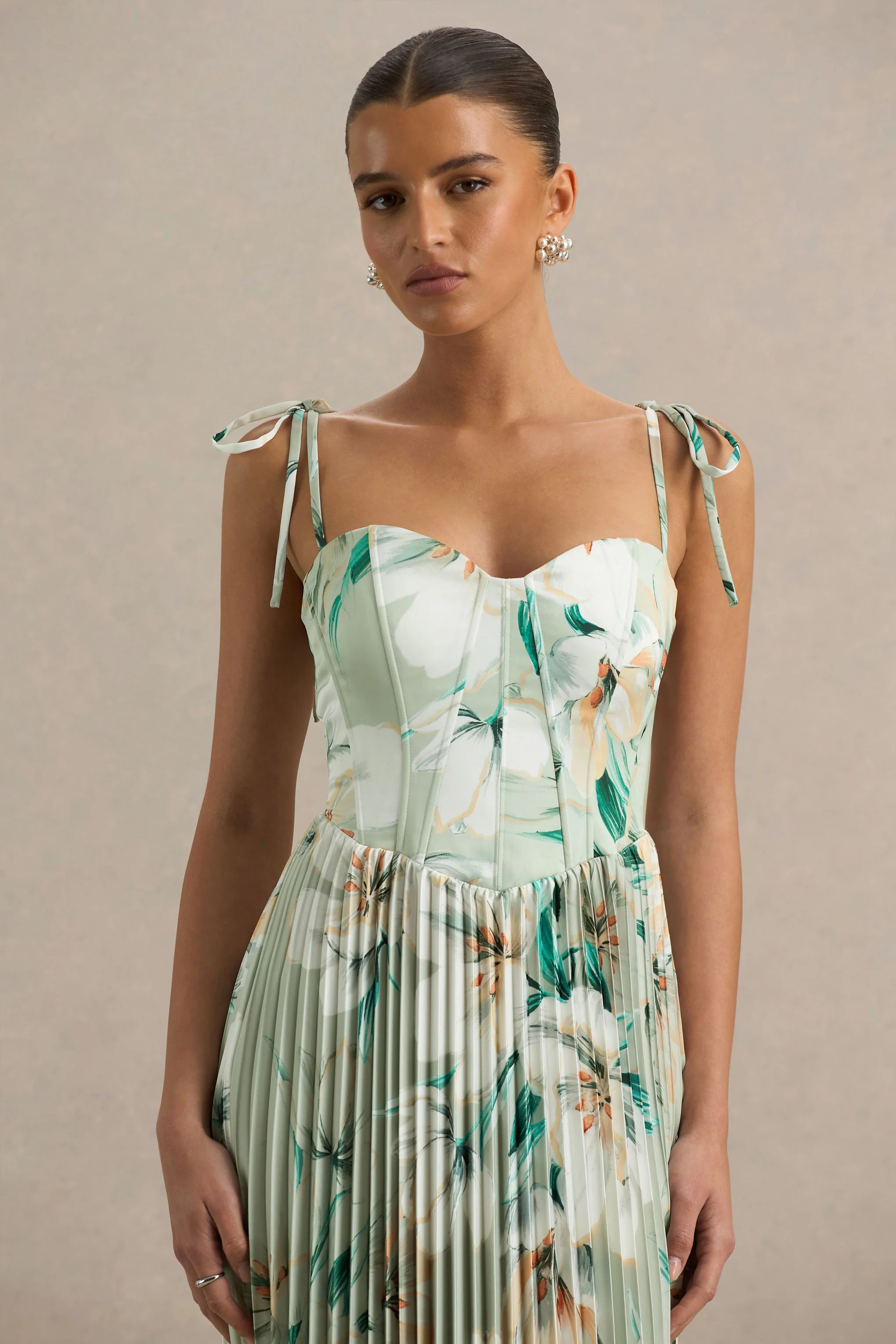 Peyton | Green Floral Print Satin Sweetheart-Neck Midi Dress With Pleated Details