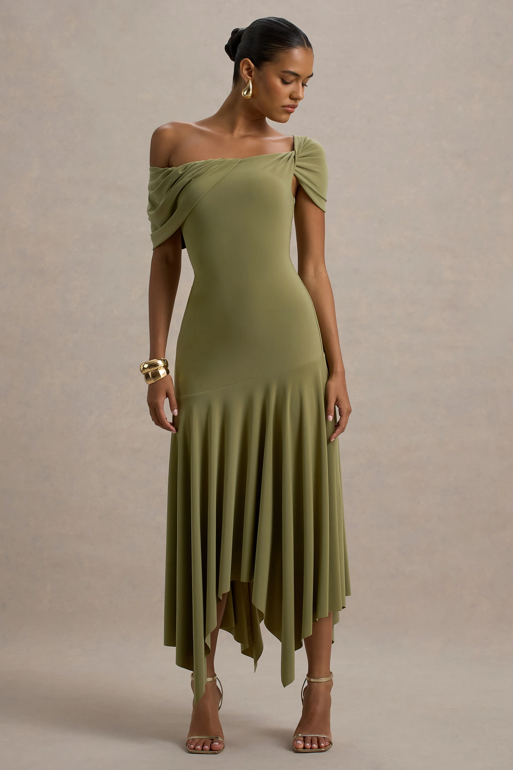 Castor | Olive Asymmetric Midi Dress