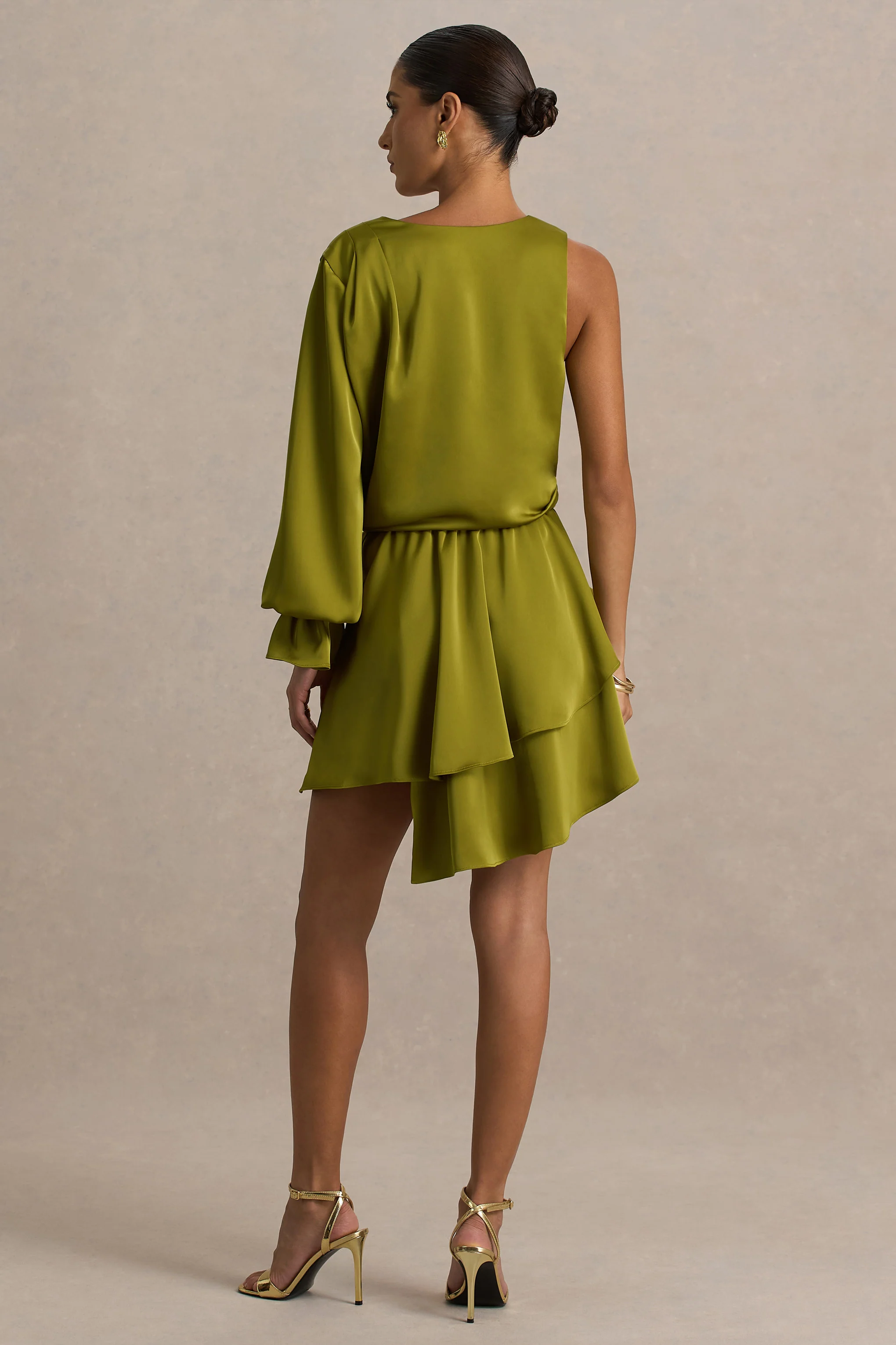 Cara | Olive Satin Plunge-Neck Micro-Mini Dress With Long Sleeve