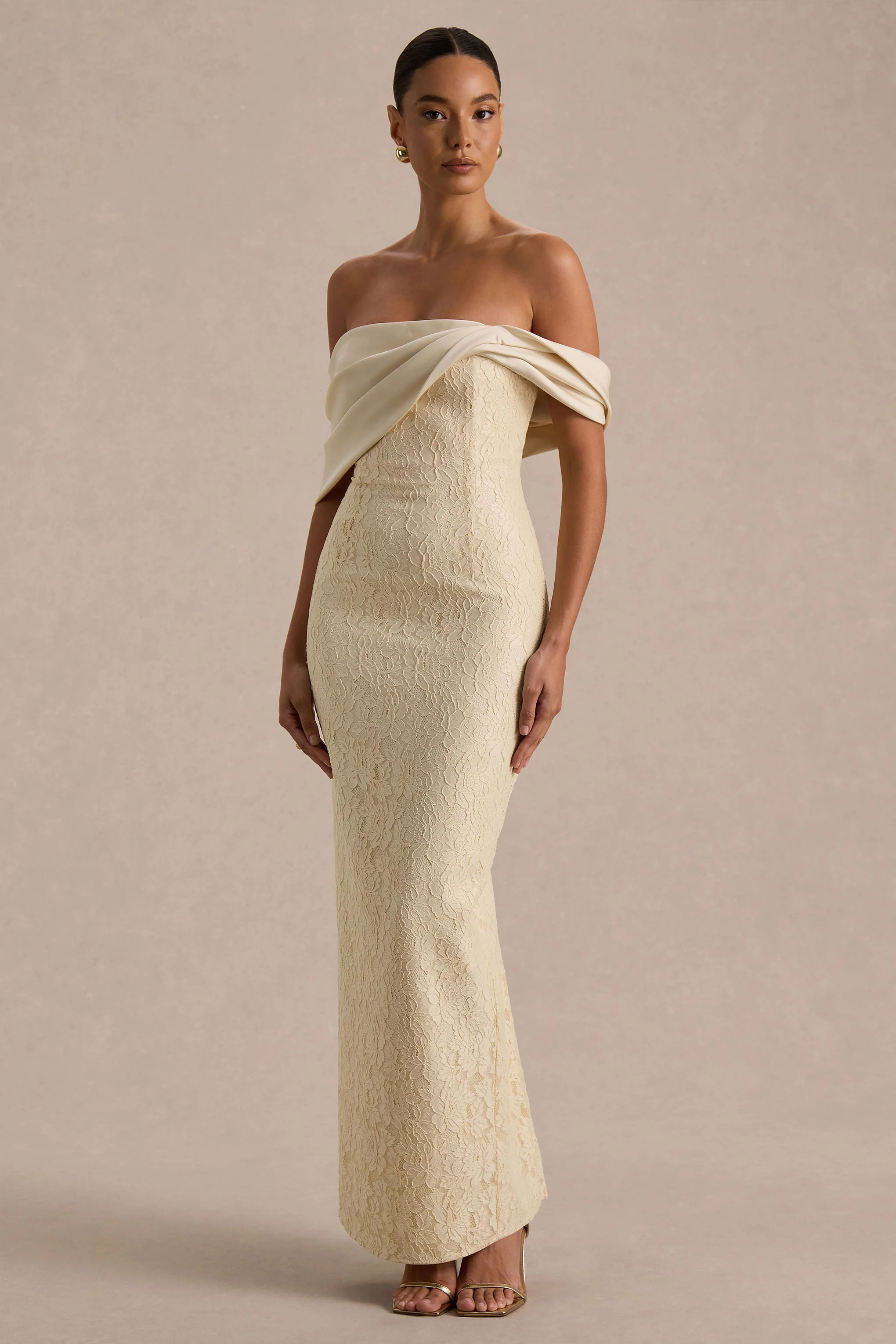 Solora | Cream Lace Twisted Bardot-Neck Maxi Dress