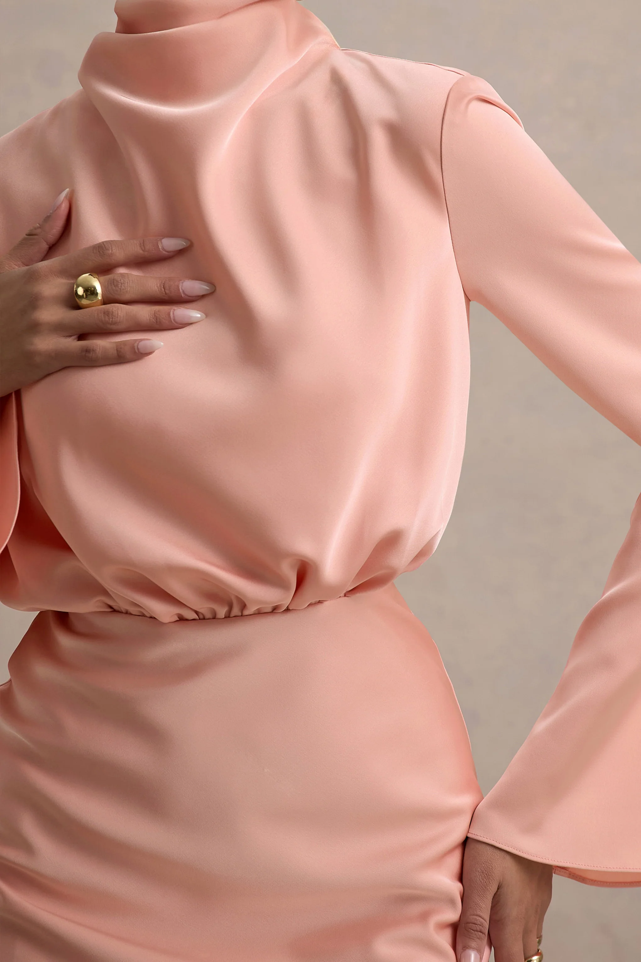 Celina | Light Pink Satin High-Neck Maxi Dress