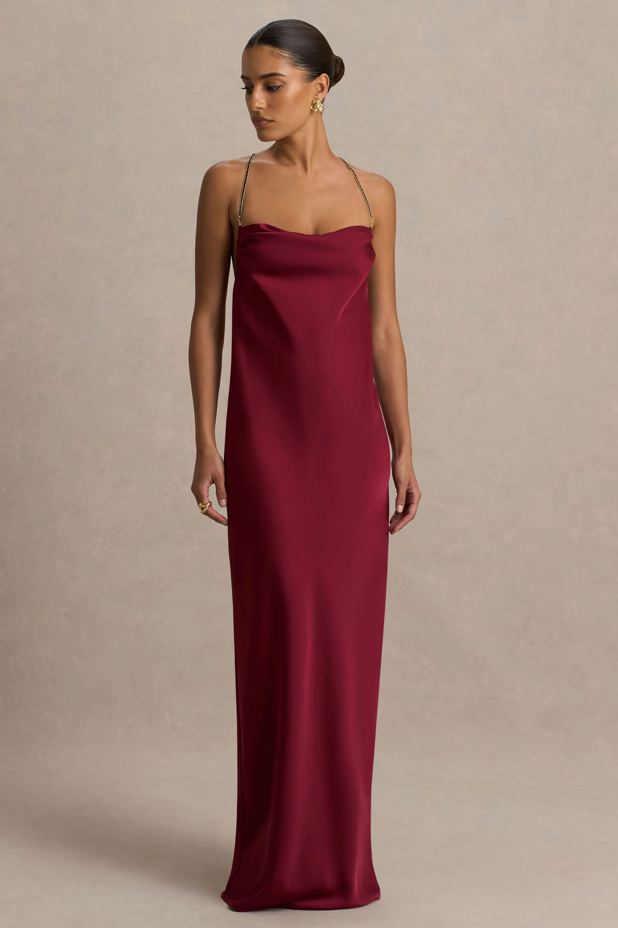 Cher | Burgundy Satin Square-Neck Maxi Dress With Embellished-Detailed Open-Back