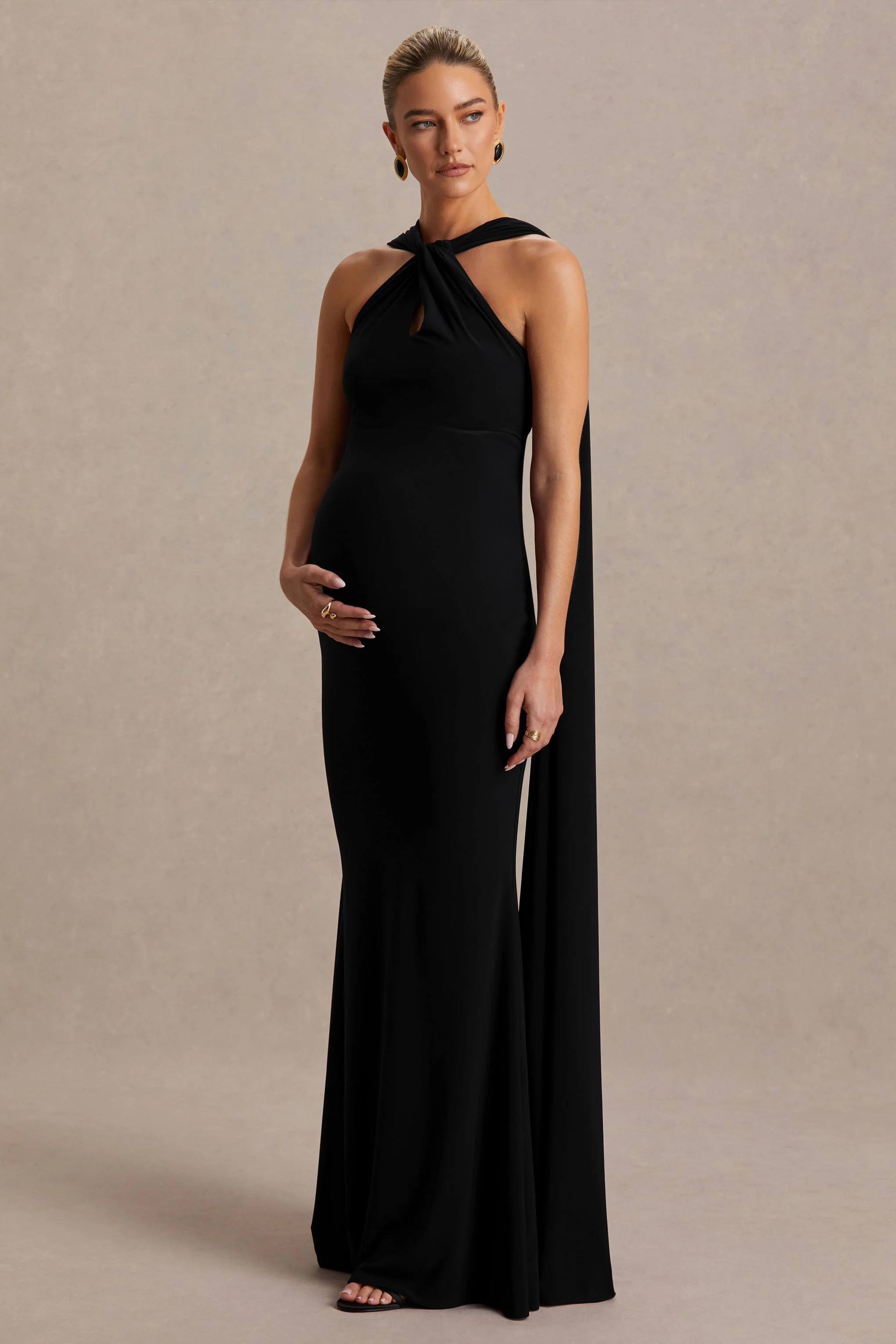 Lyra | Black Cross Halter-Neck Maternity Maxi Dress With Cape