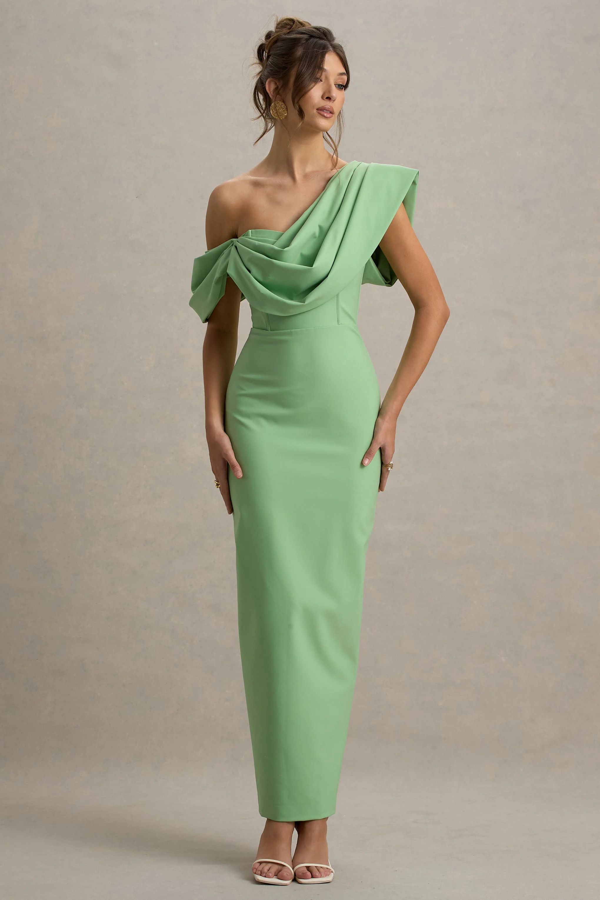 Angelina | Green Draped Shoulder Maxi Dress