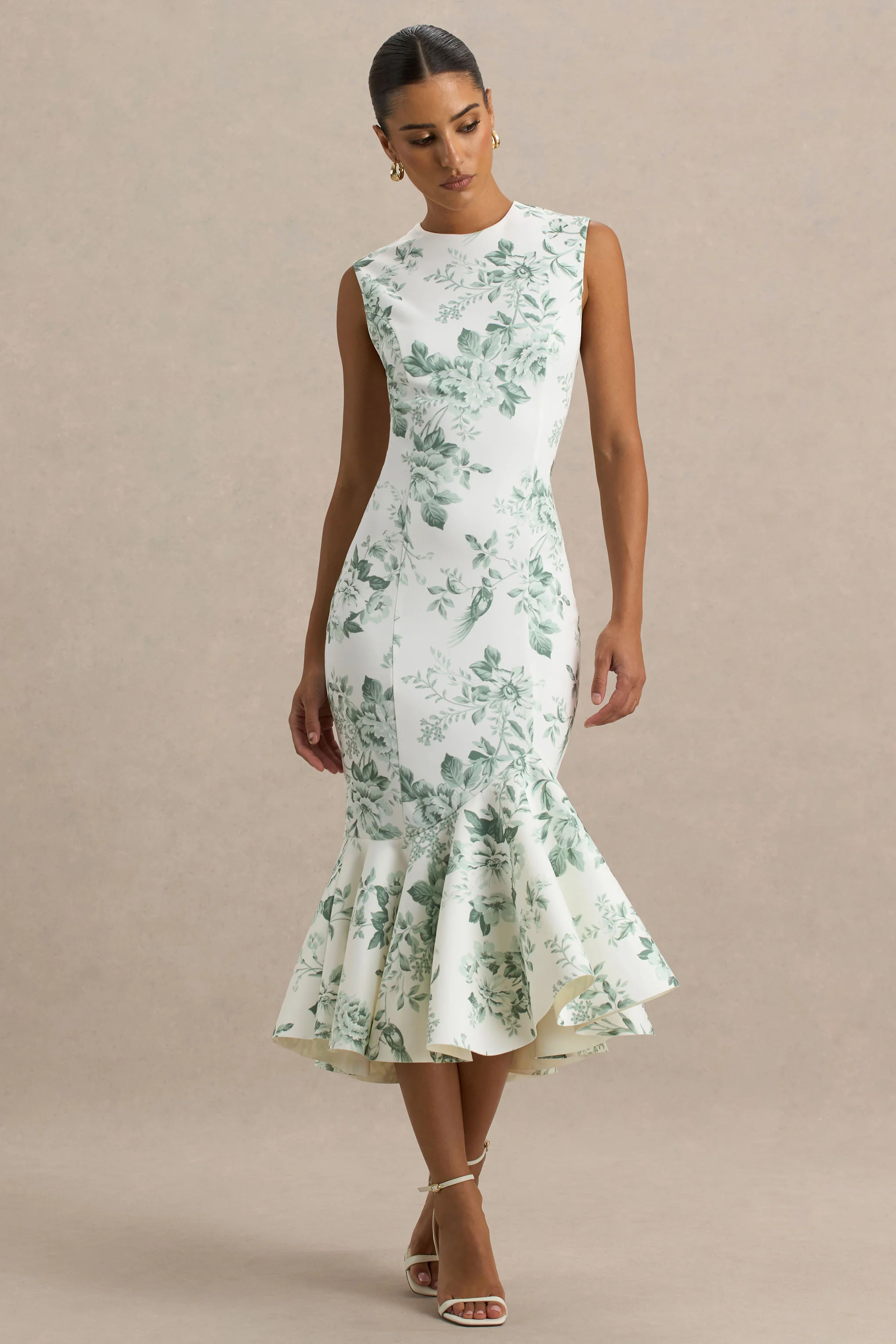 Priceless | Green Porcelain Print Print High-Neck Fishtail Midi Dress