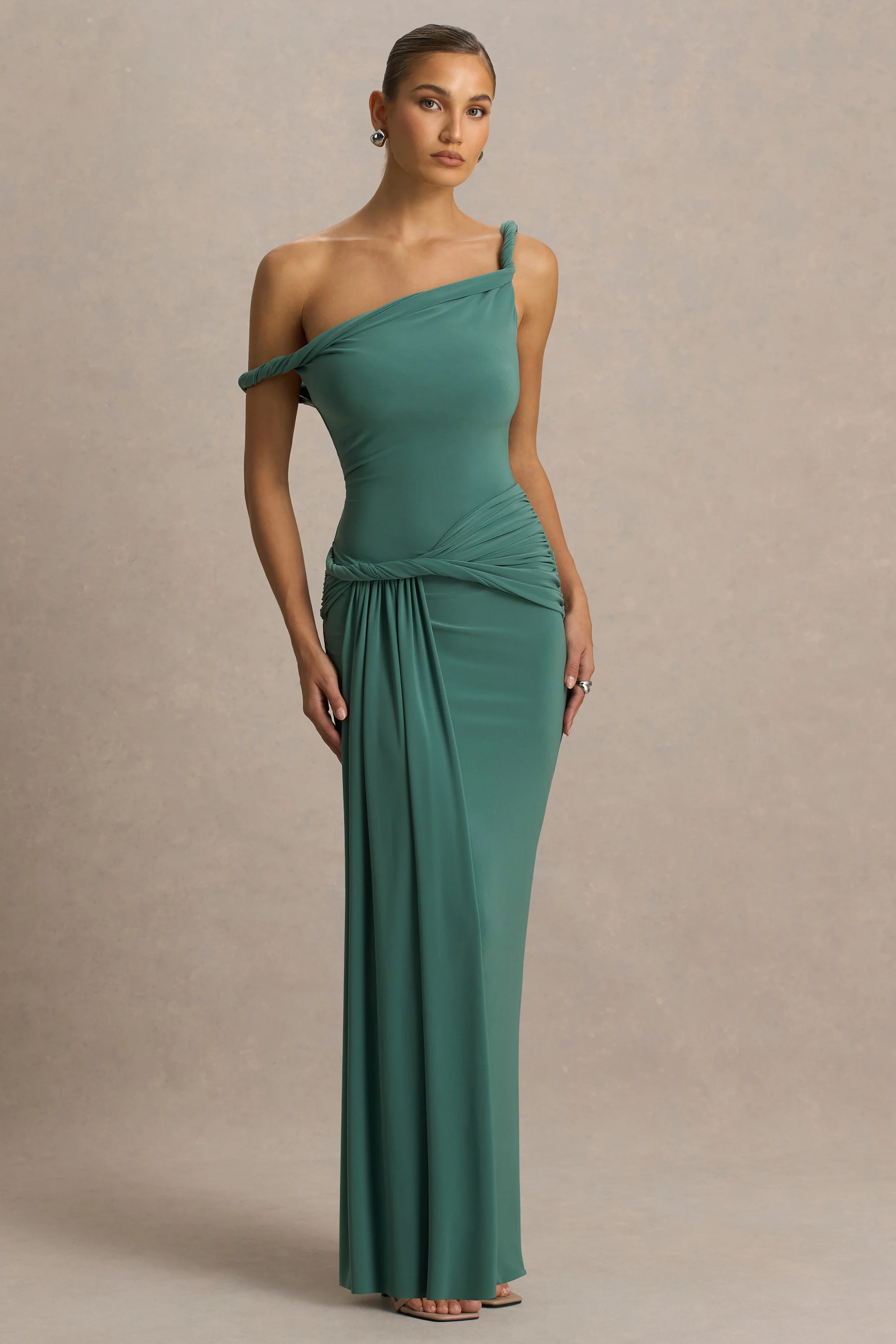 Tulisa | Green Asymmetric-Neck Maxi Dress With Twist Sleeves And Ruched Detailing