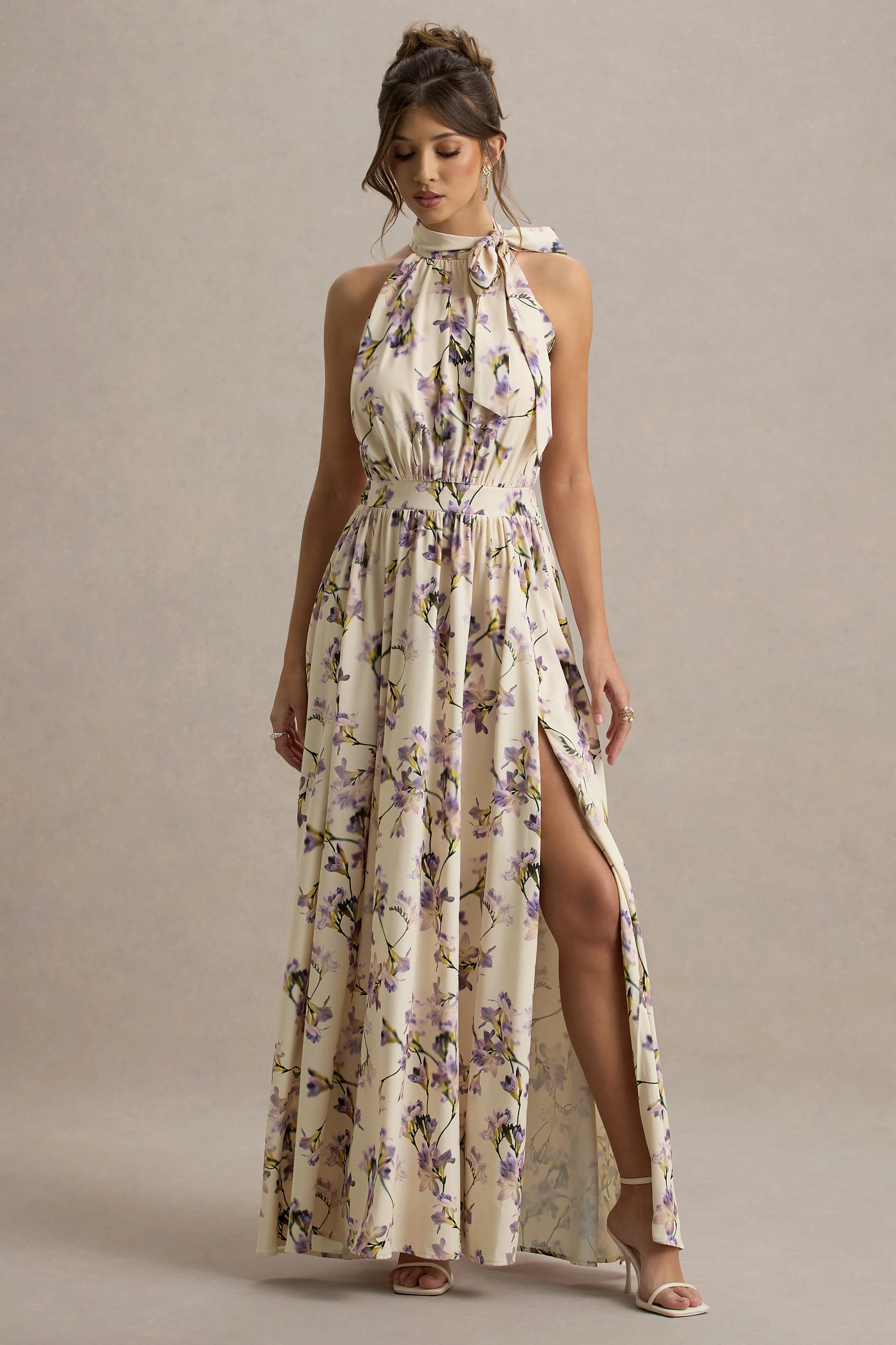 Talia | Lemon Floral Print High-Neck Split Maxi Dress With Bow