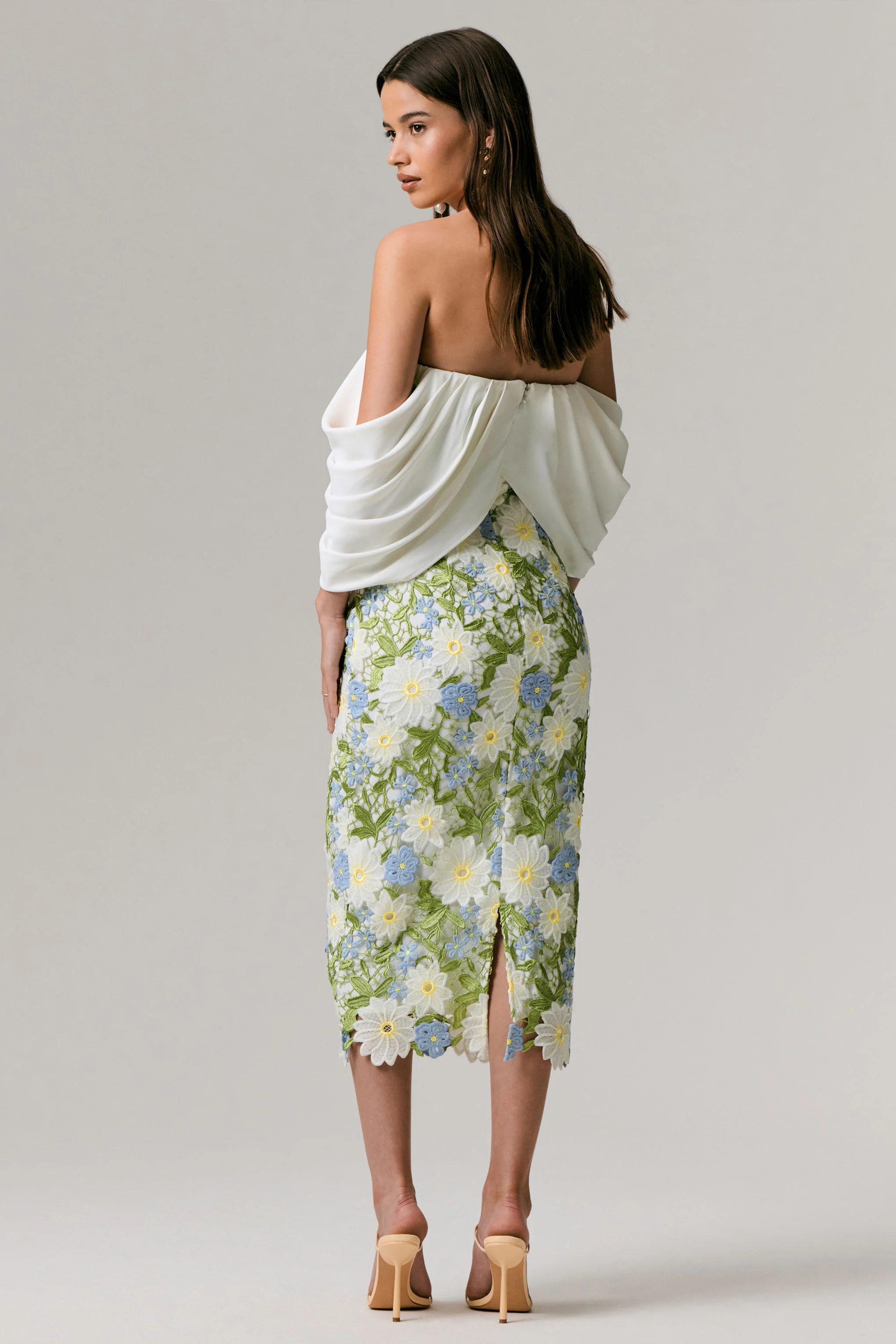 Entitled | Cream Floral Lace Bardot Midi Dress