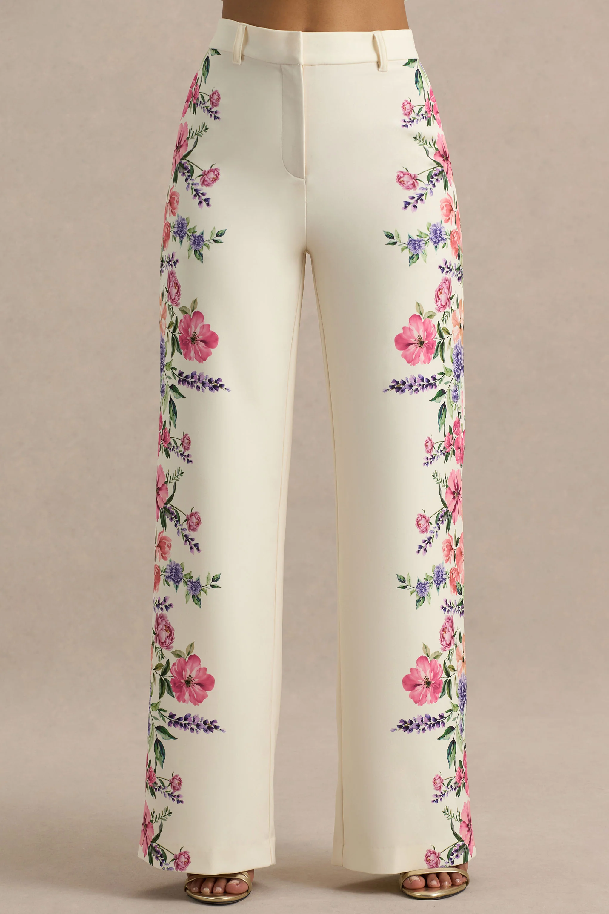 Solana | White Floral Border Print Wide-Leg Trousers
