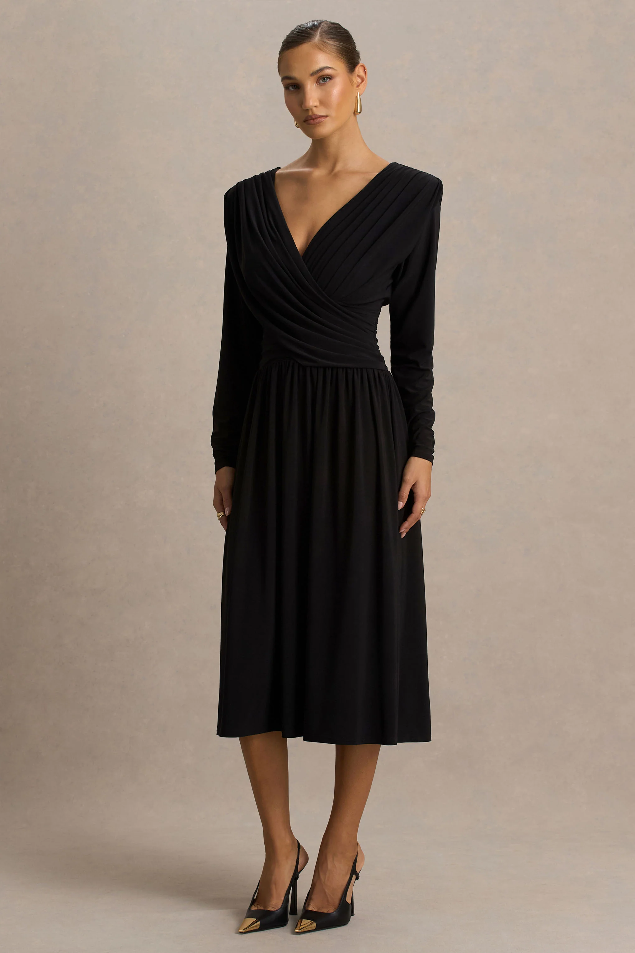 Alexis | Black Plunge-Neck Maxi Dress With Draped And Ruched Detailing