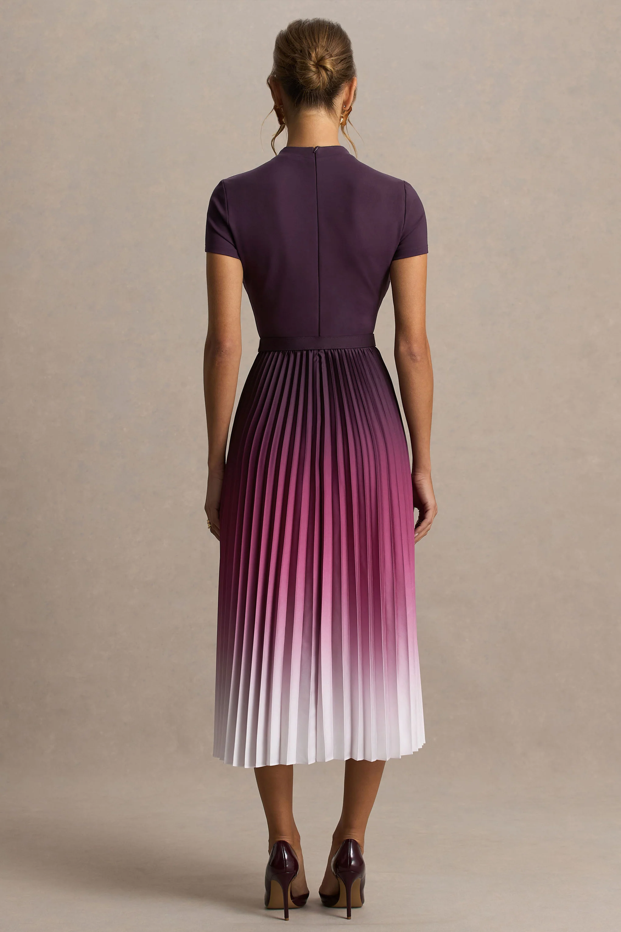Libby | Burgundy Ombre Woven High-Neck Midi Dress With Pleated Detailing
