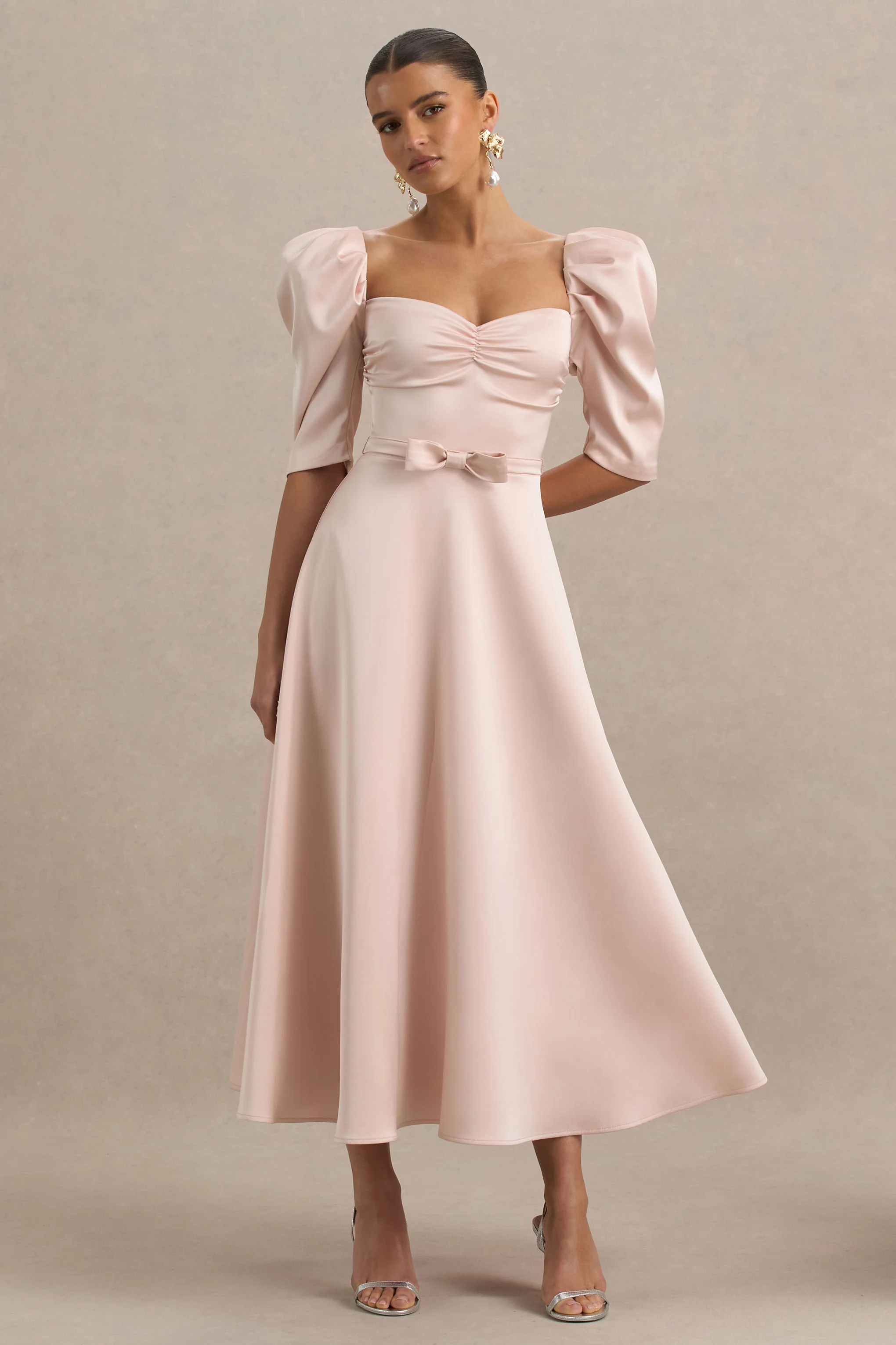 Rosey | Pale Pink Satin Sweetheart Midi Dress